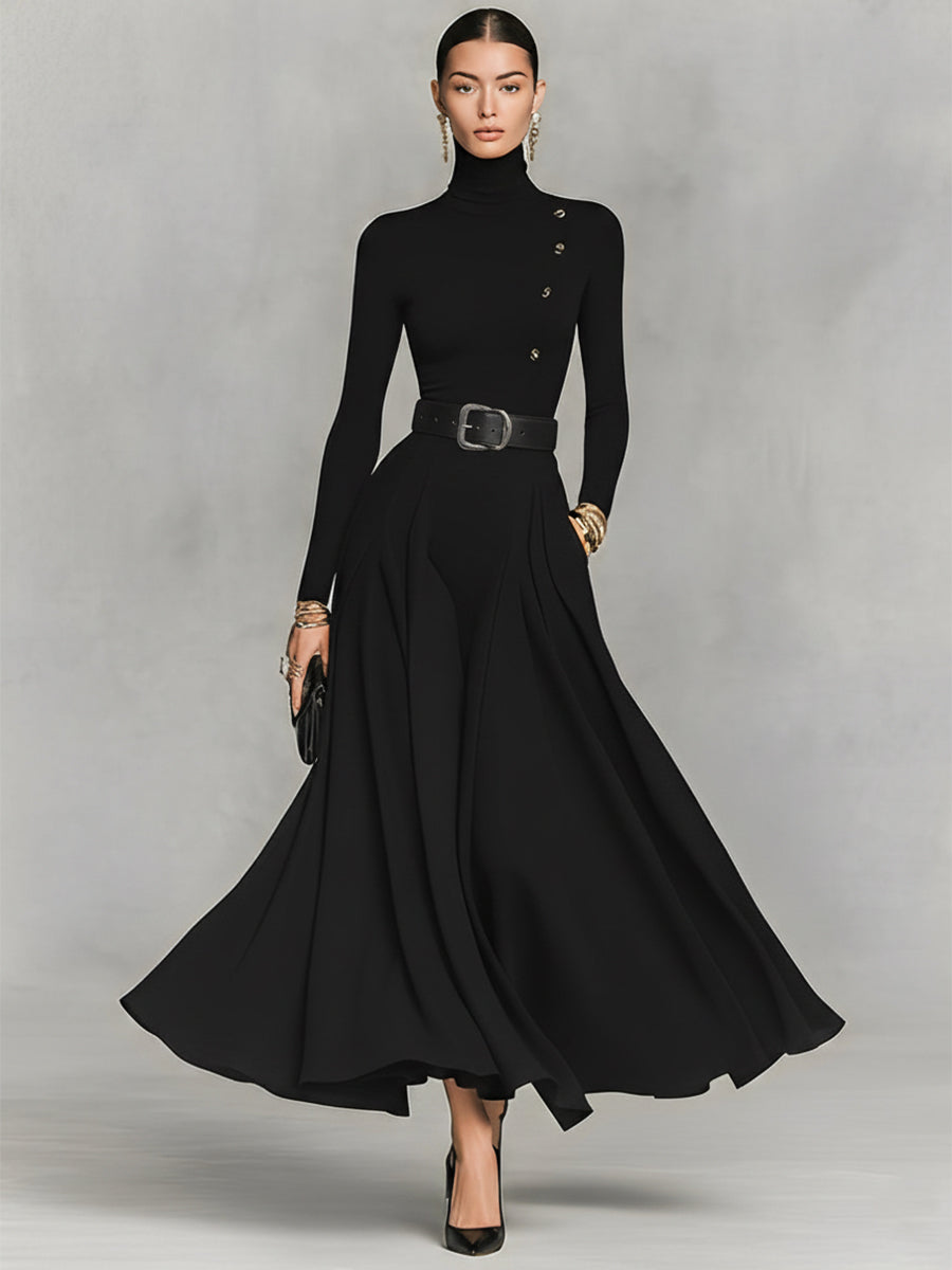 Women's Black Knit Elegant High Neck Button Detail Maxi Dress MDA1183K0I