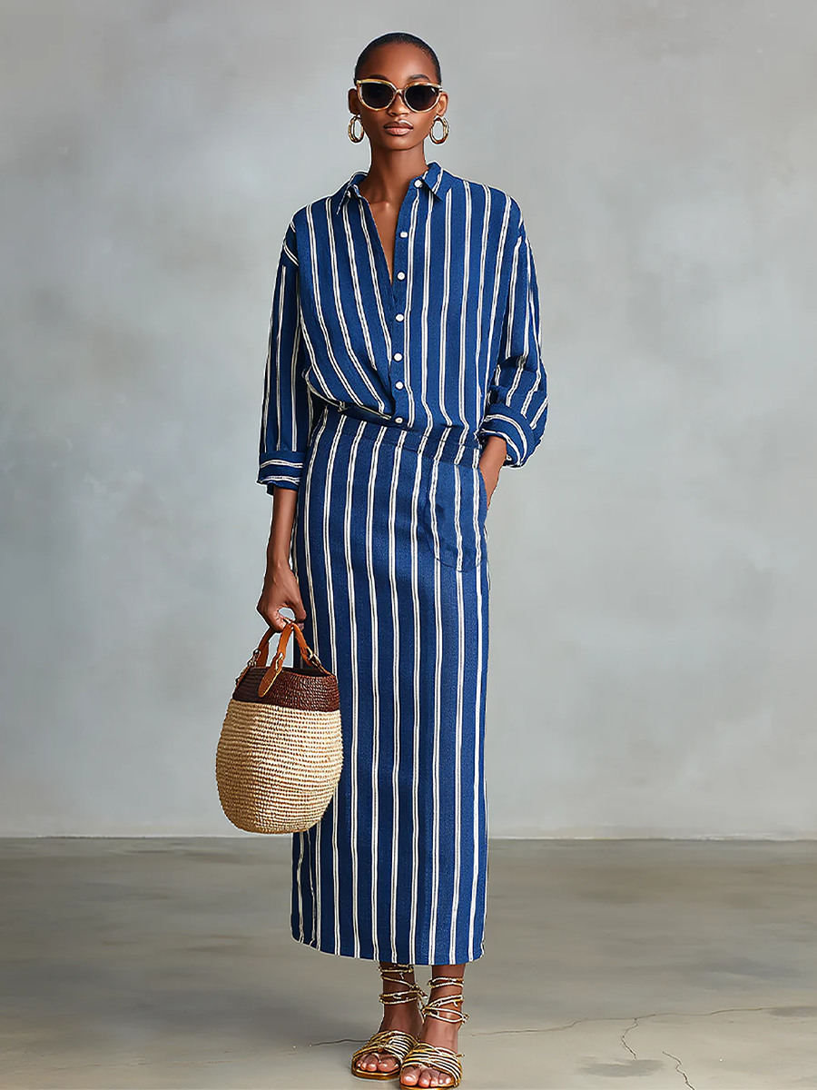 Women's Royal Blue White Stripe Cotton-Blend Co-Ord With Button Front Blouse & Elastic Waist Straight Maxi Skirt, Effortless-Chic Summer Daily Outfit MDZ2304F8LYL