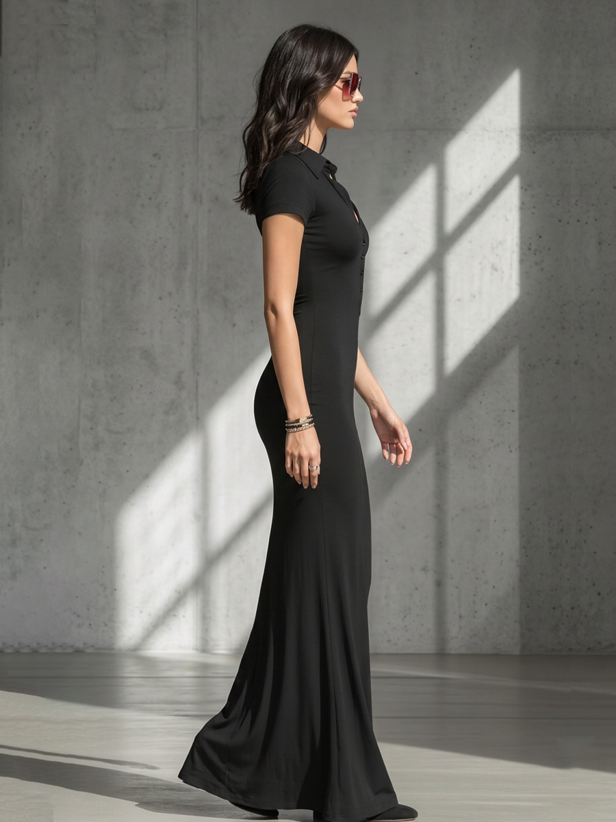 Women's Solid Black Soft Jersey Floor Dress With V Neck Henley Buttons & Figure-Hugging Silhouette, Modern Minimalist Casual Formal Maxi Dress MDZ2617F2LYL