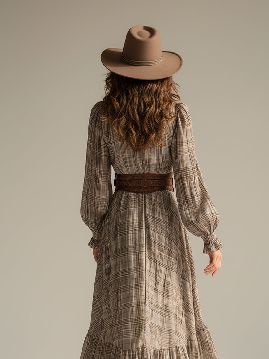 Women's Beige - Plaid Bohemian Chiffon Ruffled Midi Dress (without Belt) MDA0679H1I