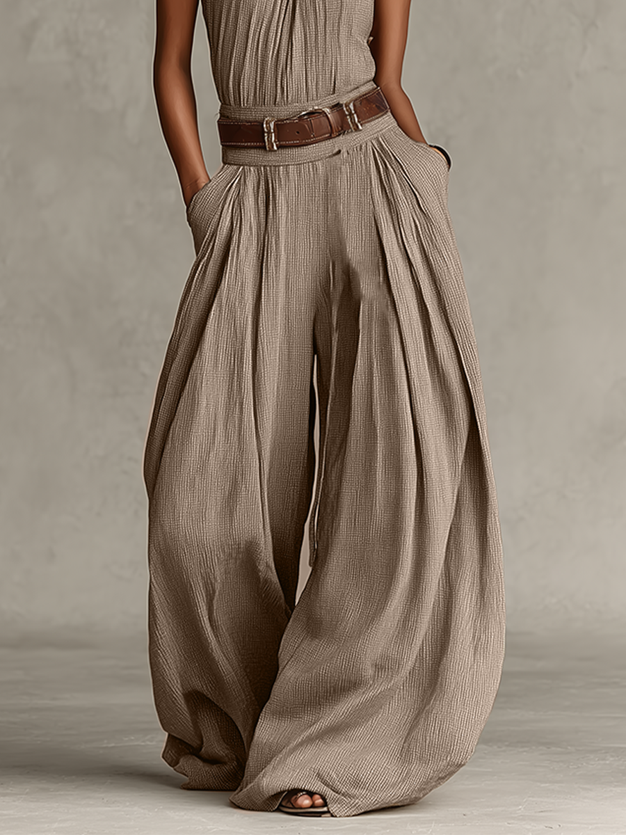Women's Taupe Cotton-Blend Jumpsuit With Halter Neck & Wide-Leg Silhouette, Timeless Boho-Elegant Style Jumpsuit (Without Belt) MDZ0940C3I