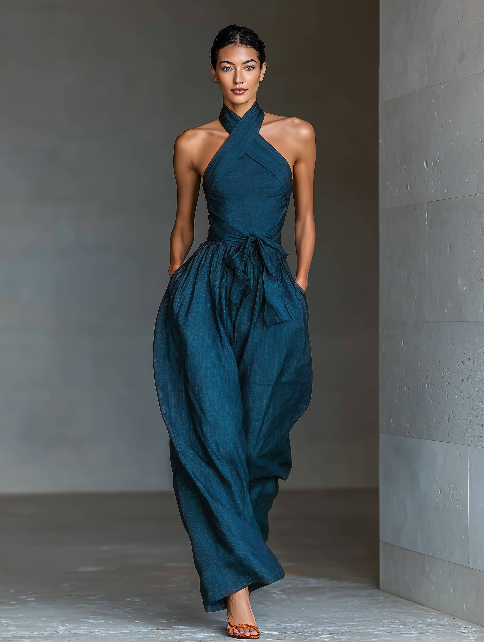 Women's Navy Blue Linen Fabric Cross Halter Wide-Leg Jumpsuit With Tie Waist & Side Pockets MDZ0455B5T