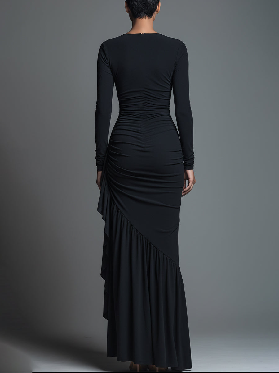 Women's Black Elegant Jersey Knit Ruched Maxi Dress MDA1541H1I