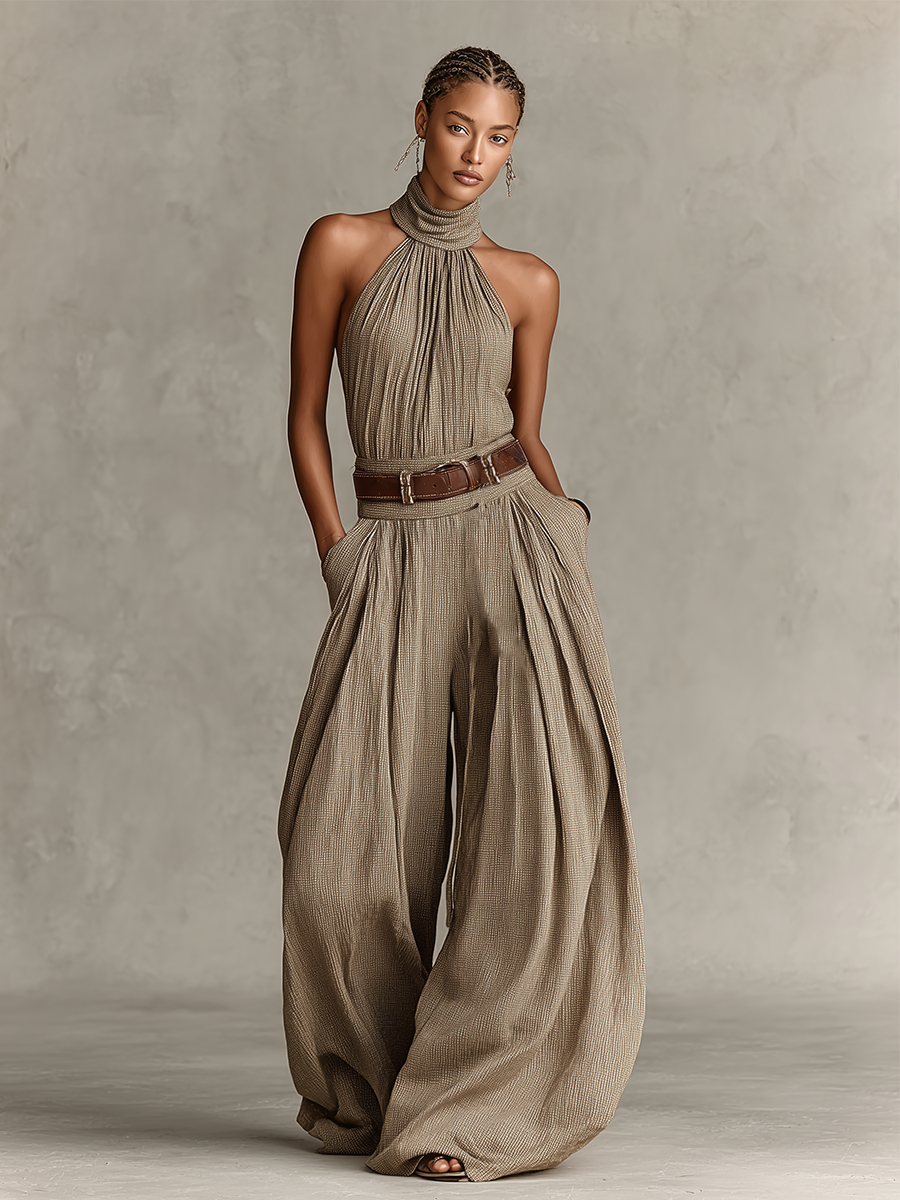Women's Taupe Cotton-Blend Jumpsuit With Halter Neck & Wide-Leg Silhouette, Timeless Boho-Elegant Style Jumpsuit (Without Belt) MDZ0940C3I