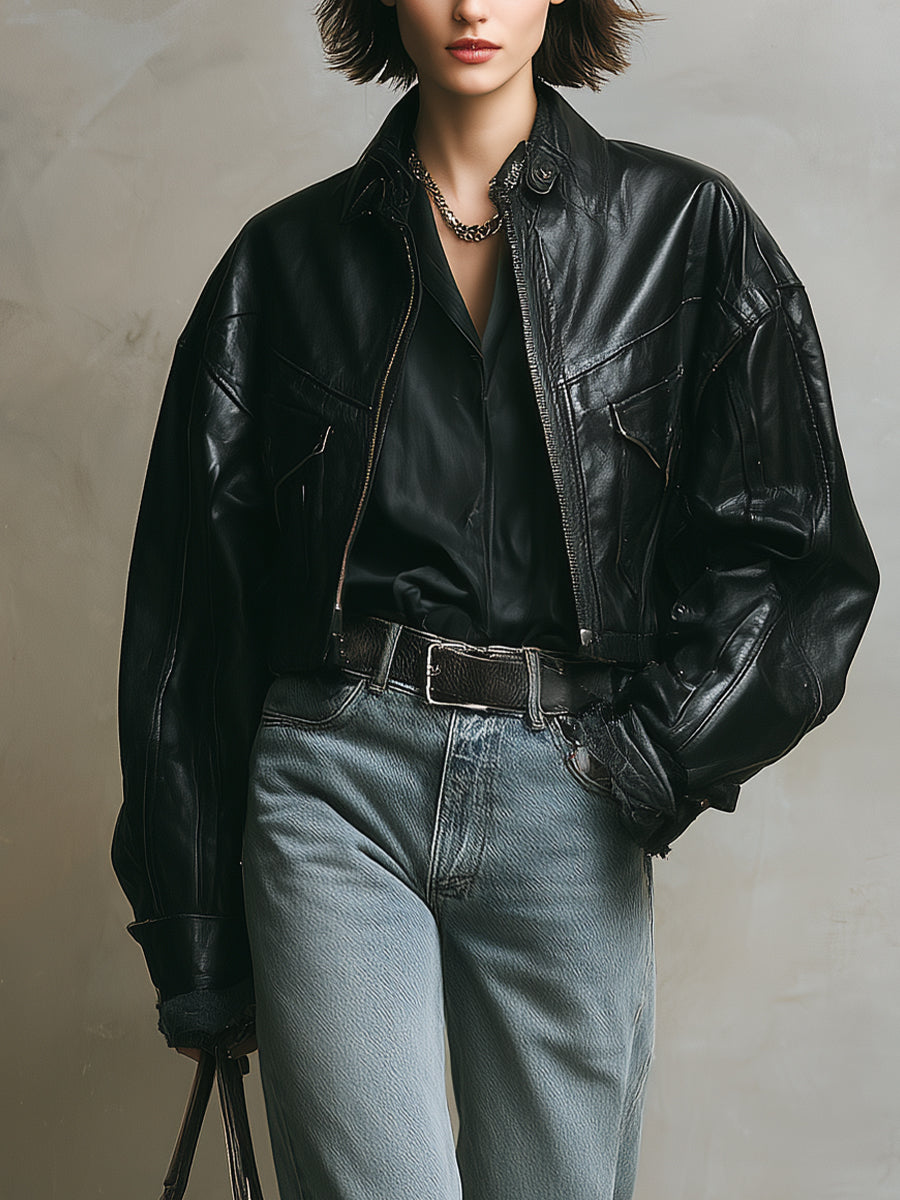 Women's Black Edgy PU Leather Oversized Biker Jacket MDA2614H3I