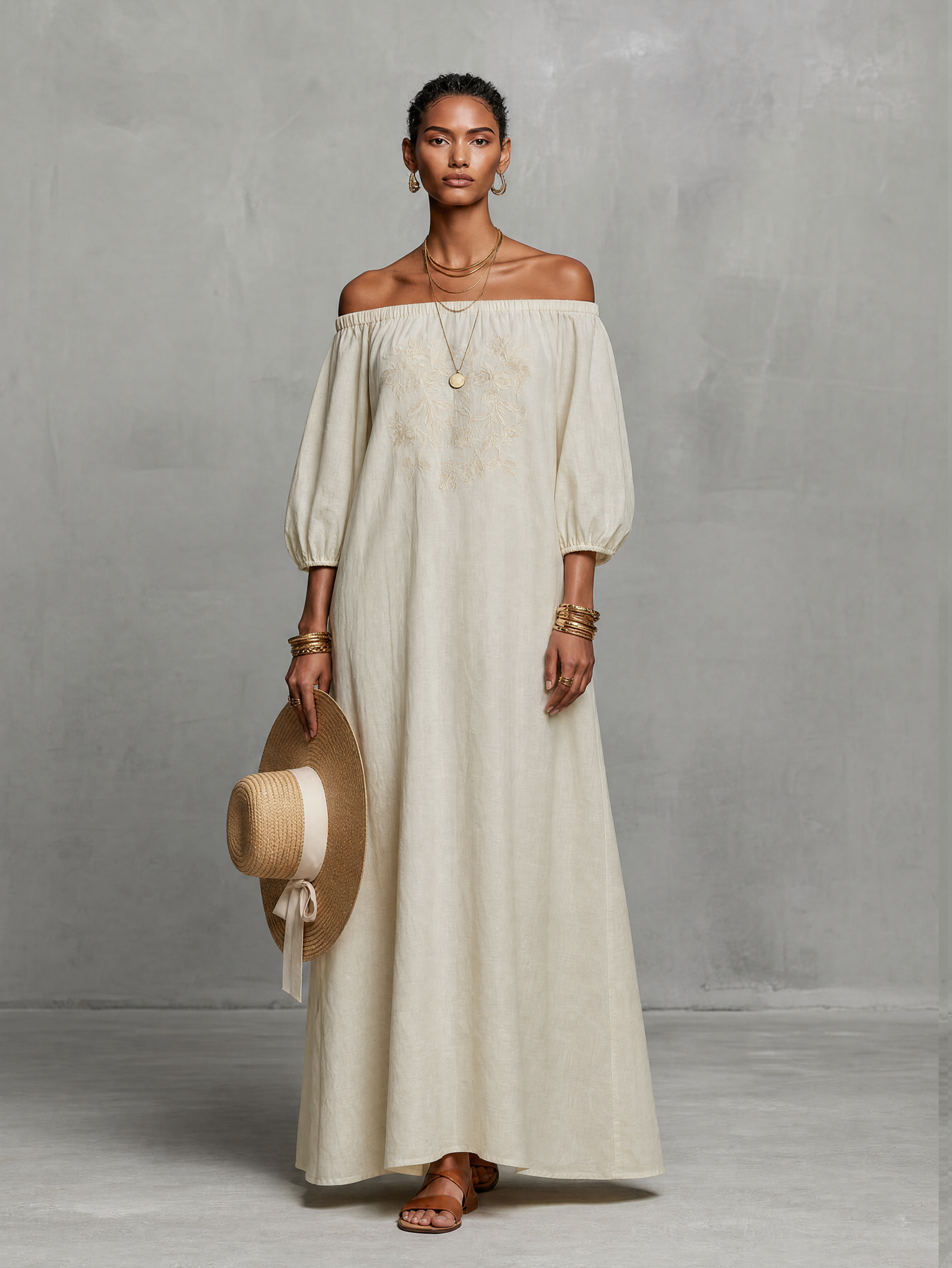 maxi dress three quarter sleeves Women's Minimalist Off-the-shoulder Three-quarter Sleeve Embroidered M – Modesees vacation and festival occasions COLOR_152_LIGHT PURPLE-BLUE Choose Chest Size for Coat (Inches):54 Sexy White Prom Dresses