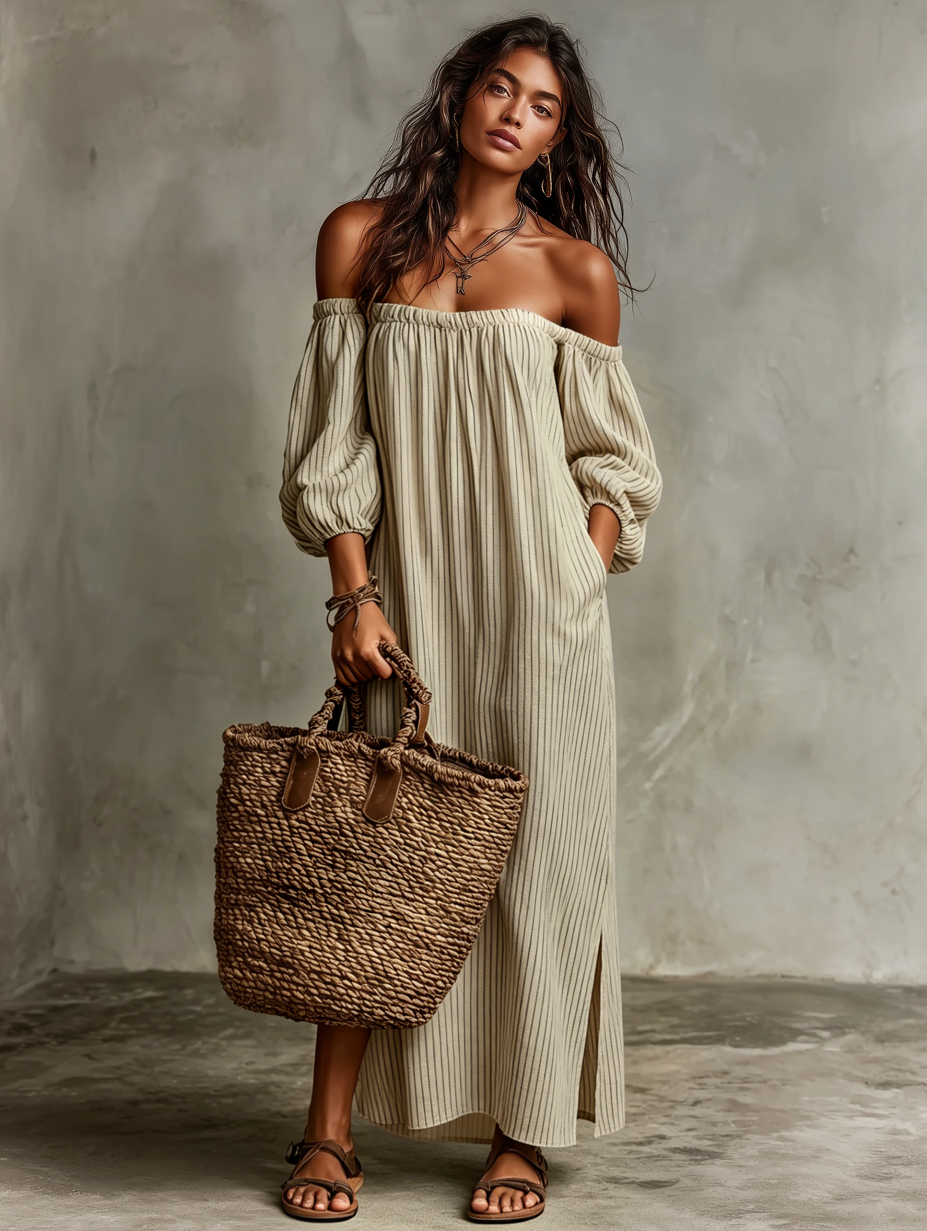 Women's Vacation Cotton-linen Blend Off-shoulder Long-sleeved Maxi Dre Modesees Women's Vacation Cotton-linen Blend Off-shoulder Long-sleeved Maxi Dre Modesees