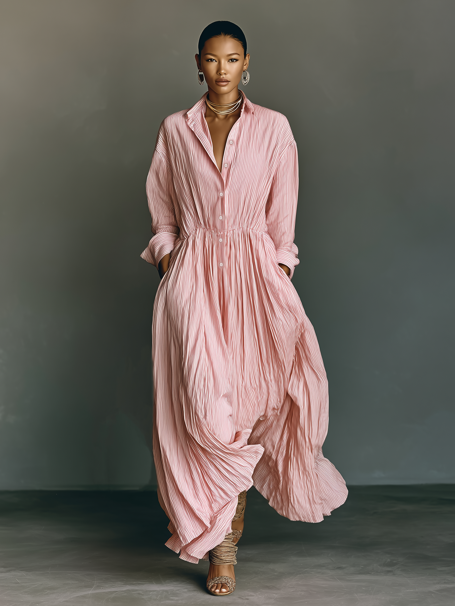 Women's Loose Striped Shirt Collar Single-breasted Maxi Dress MDA0629K4Y