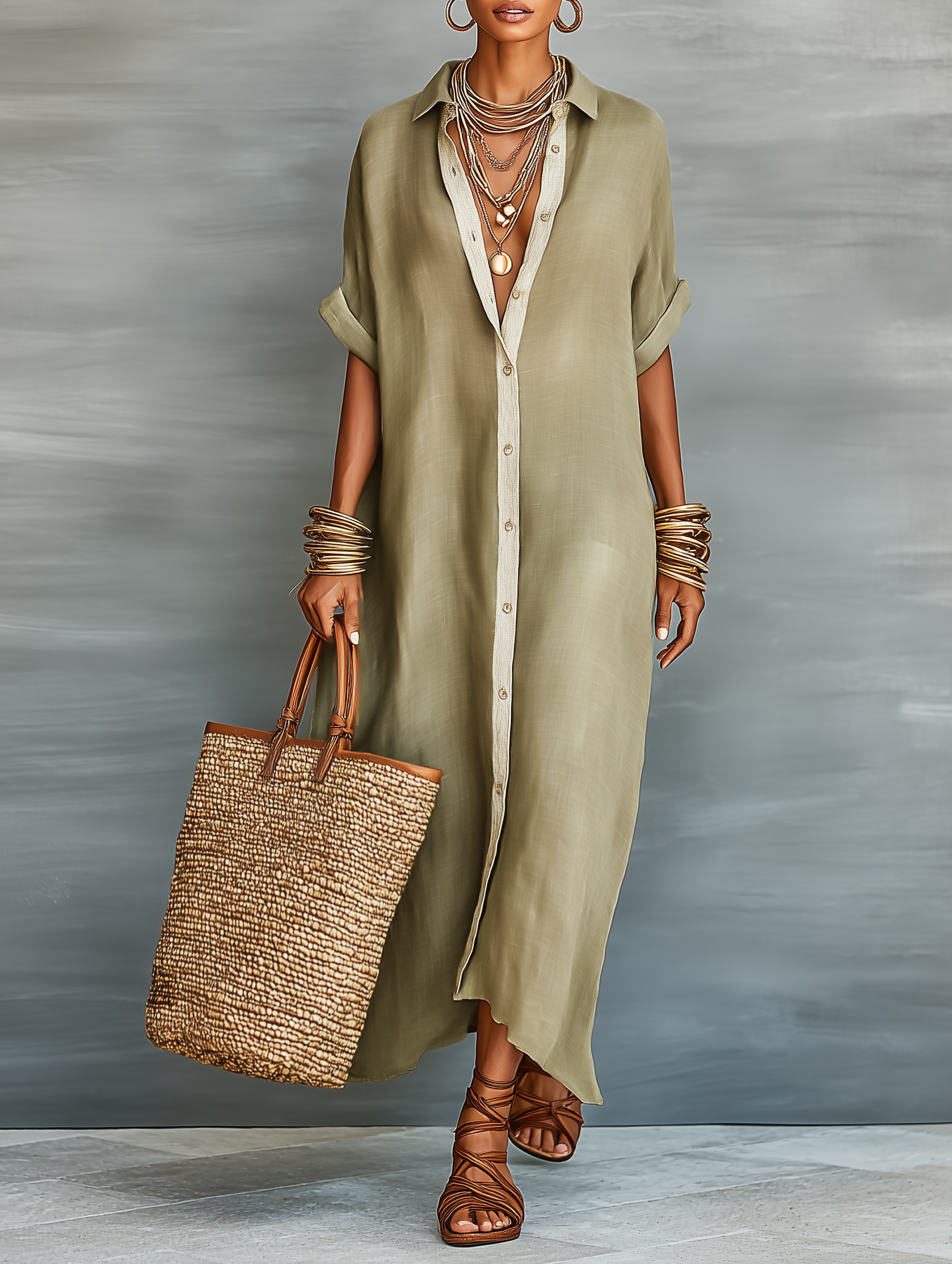 Women's Minimalist Linen Blend Short-sleeved Shirt Maxi Dress MDZ0647A2Y