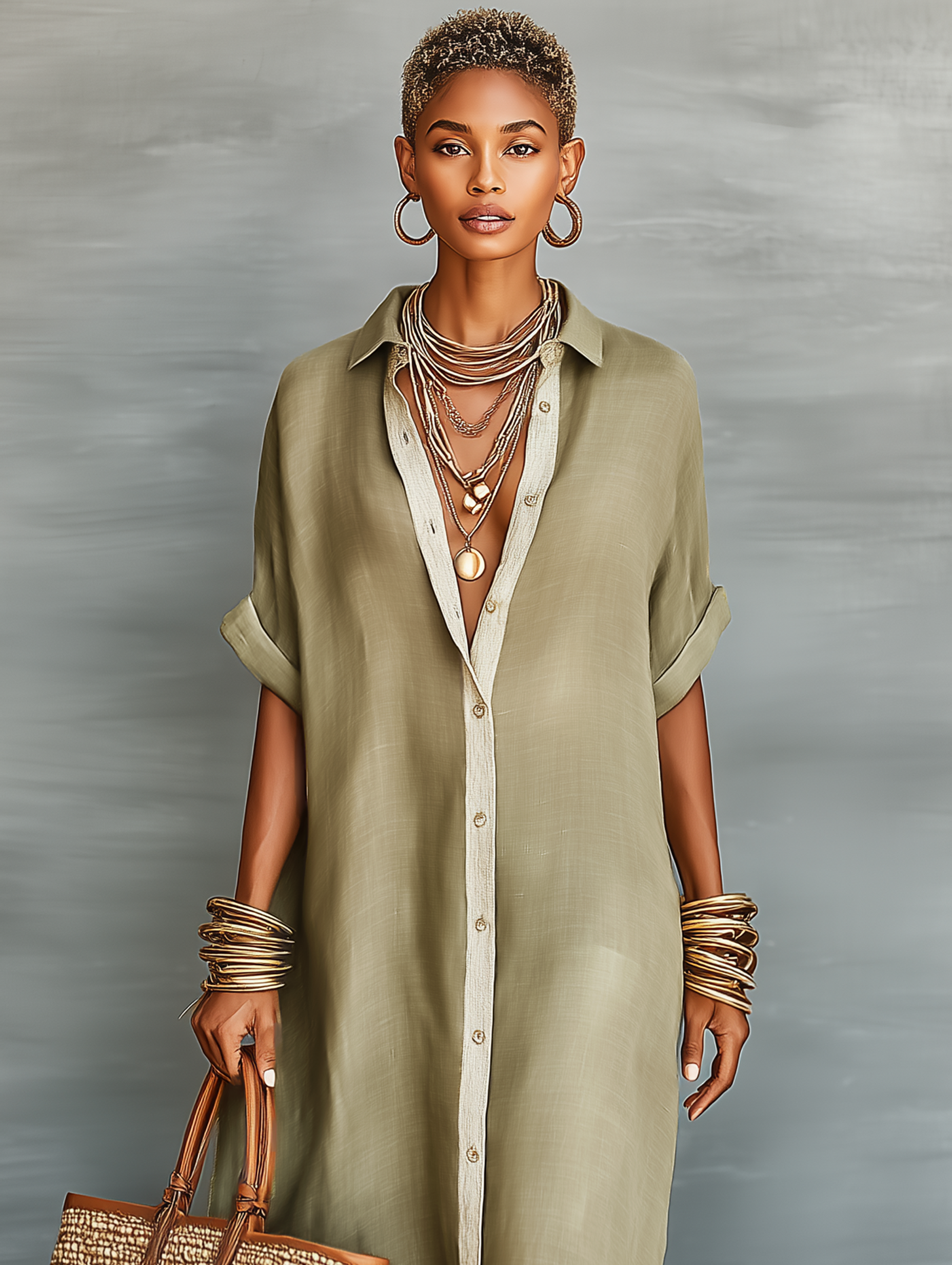 Women's Minimalist Linen Blend Short-sleeved Shirt Maxi Dress MDZ0647A2Y