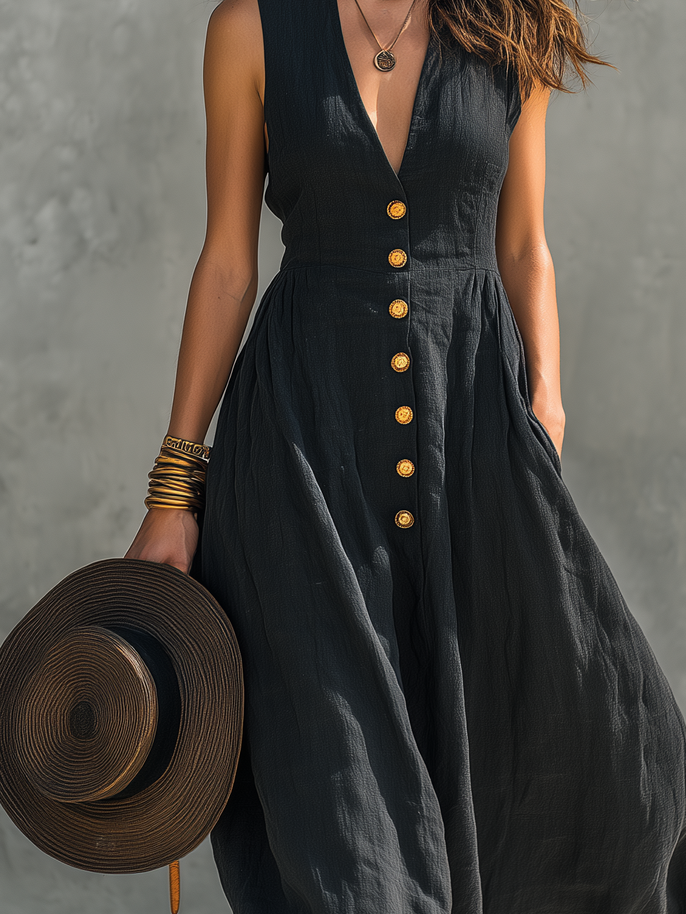 Women's Casual Black Cotton Linen V-neck Sleeveless Long Dress MDZ2566B3AN