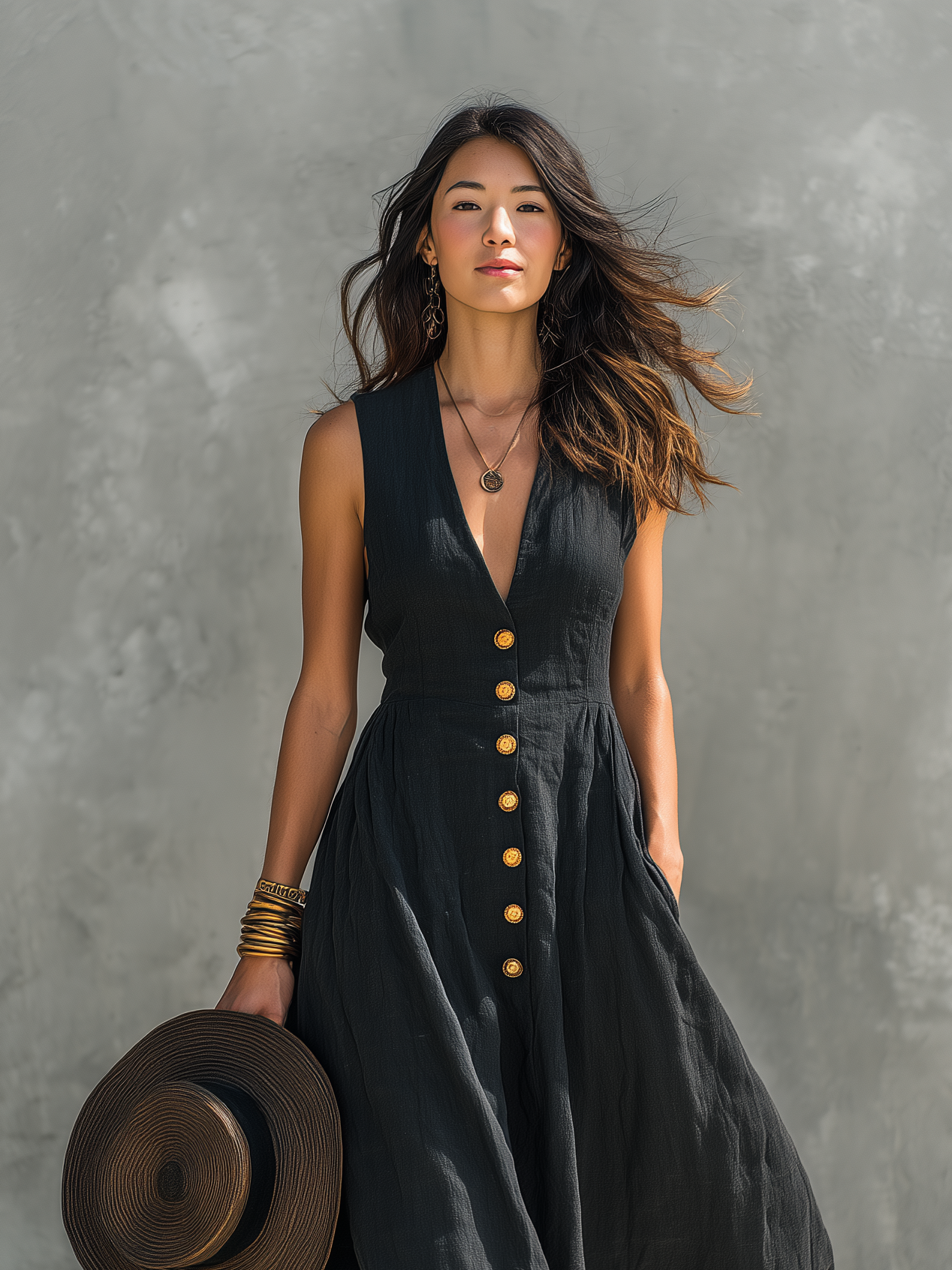 Women's Casual Black Cotton Linen V-neck Sleeveless Long Dress MDZ2566B3AN