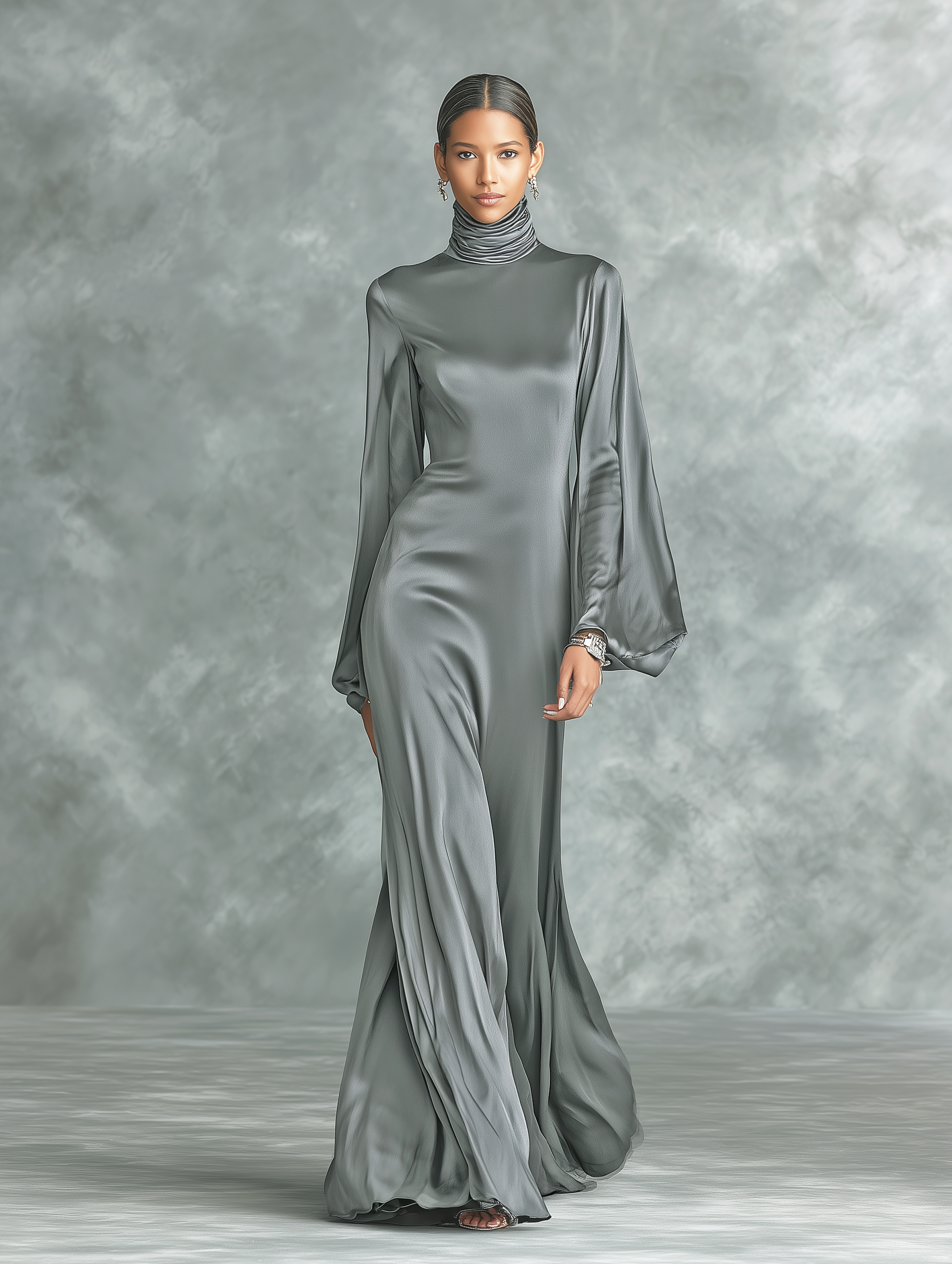Women's Fashionable Grey Satin High-neck Long-sleeved Loose-fitting Maxi Dress MDZ0690A0AN