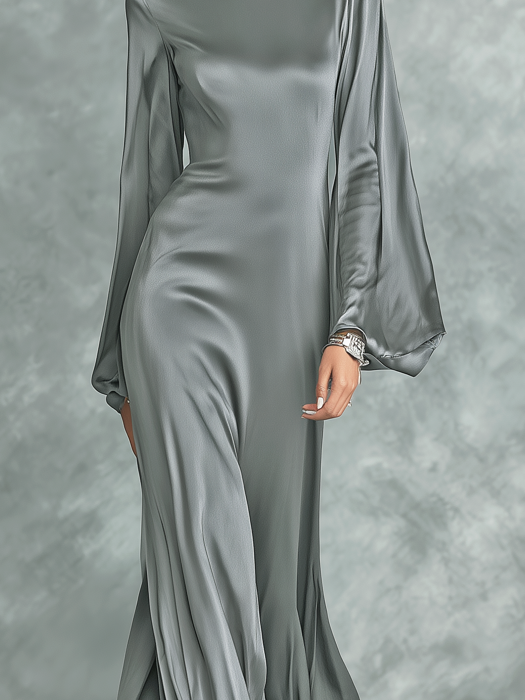 Women's Fashionable Grey Satin High-neck Long-sleeved Loose-fitting Maxi Dress MDZ0690A0AN