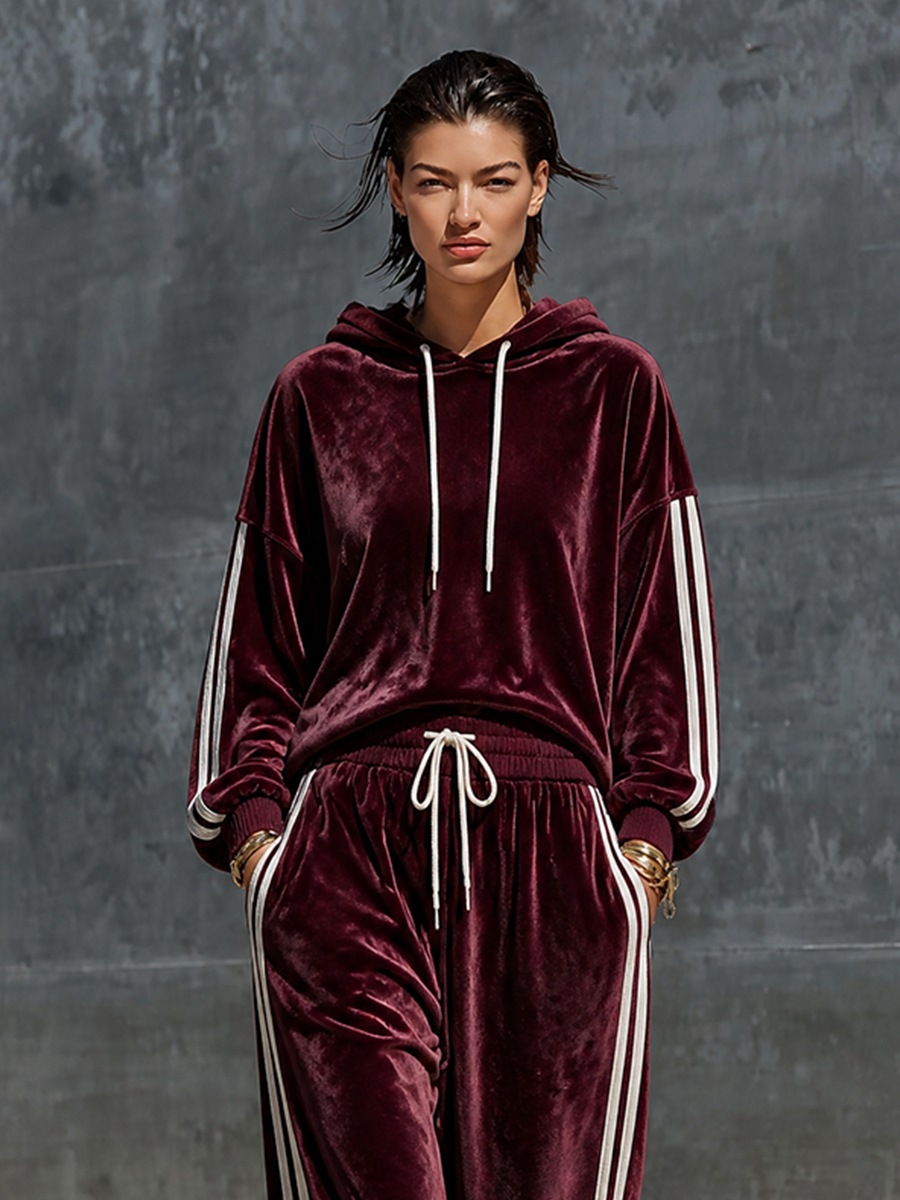 Women's Velvet Hoodie & Jogger Pants Set with Side Stripes
