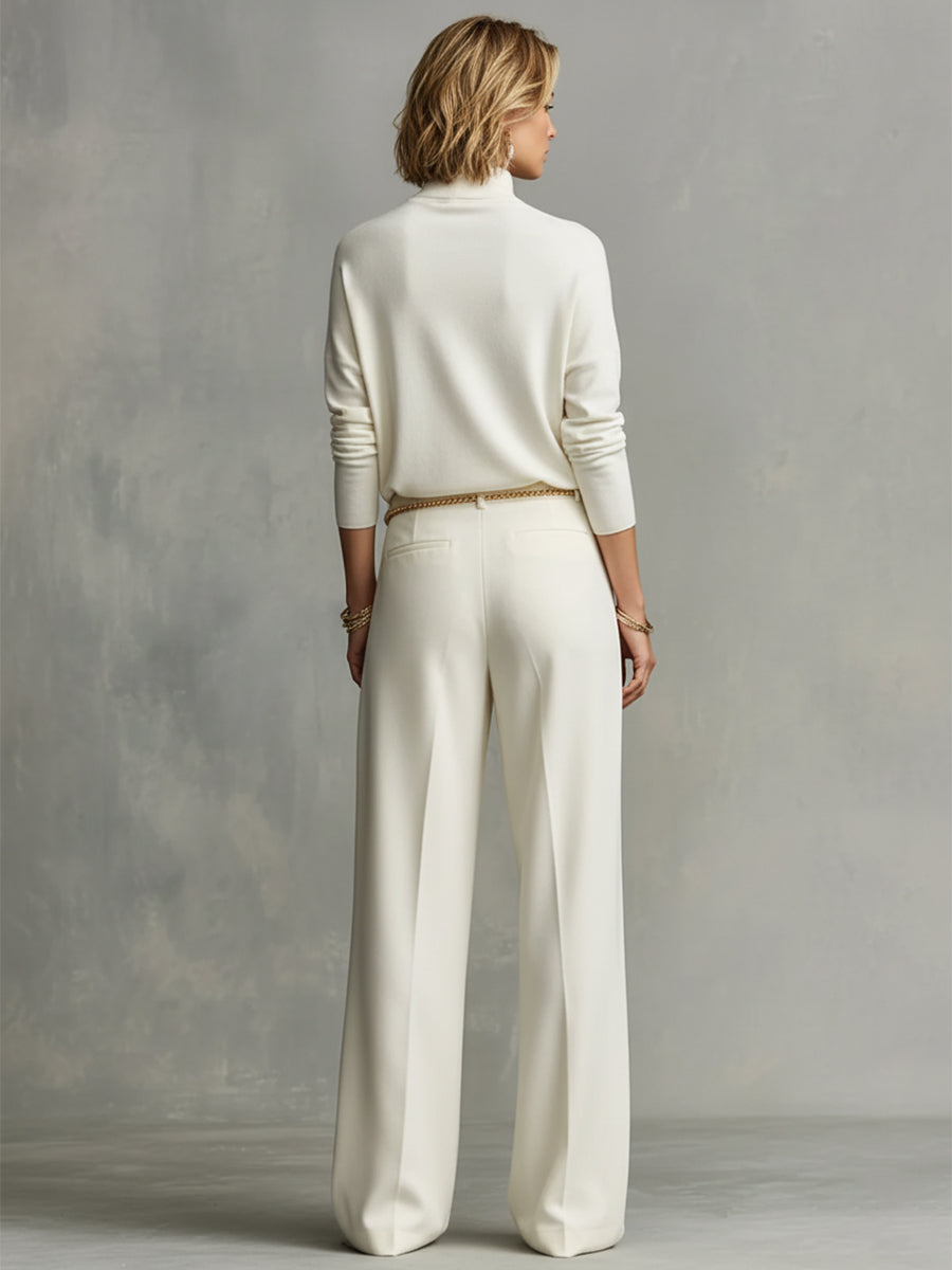 Women's Cream Soft Knit Chic Turtleneck Top & Flowy Wide-Leg Pant Set MDA0185K5I