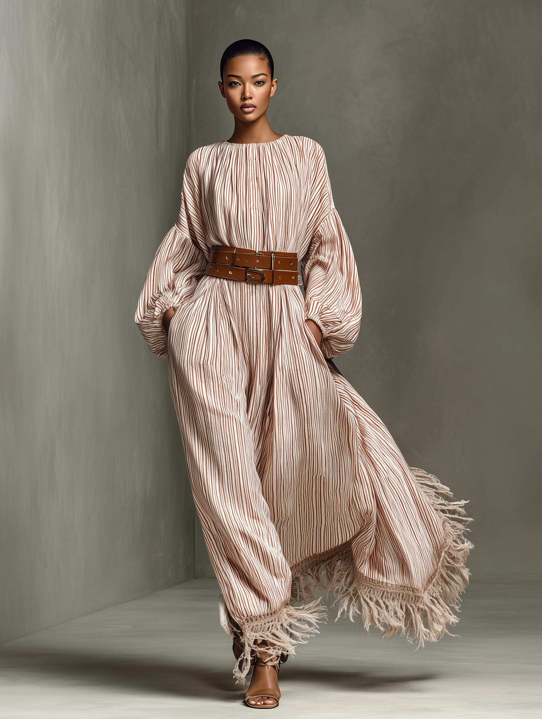 Women's Crew Neck Striped Belted Maxi Dress (without Belt) MDA1945G0T