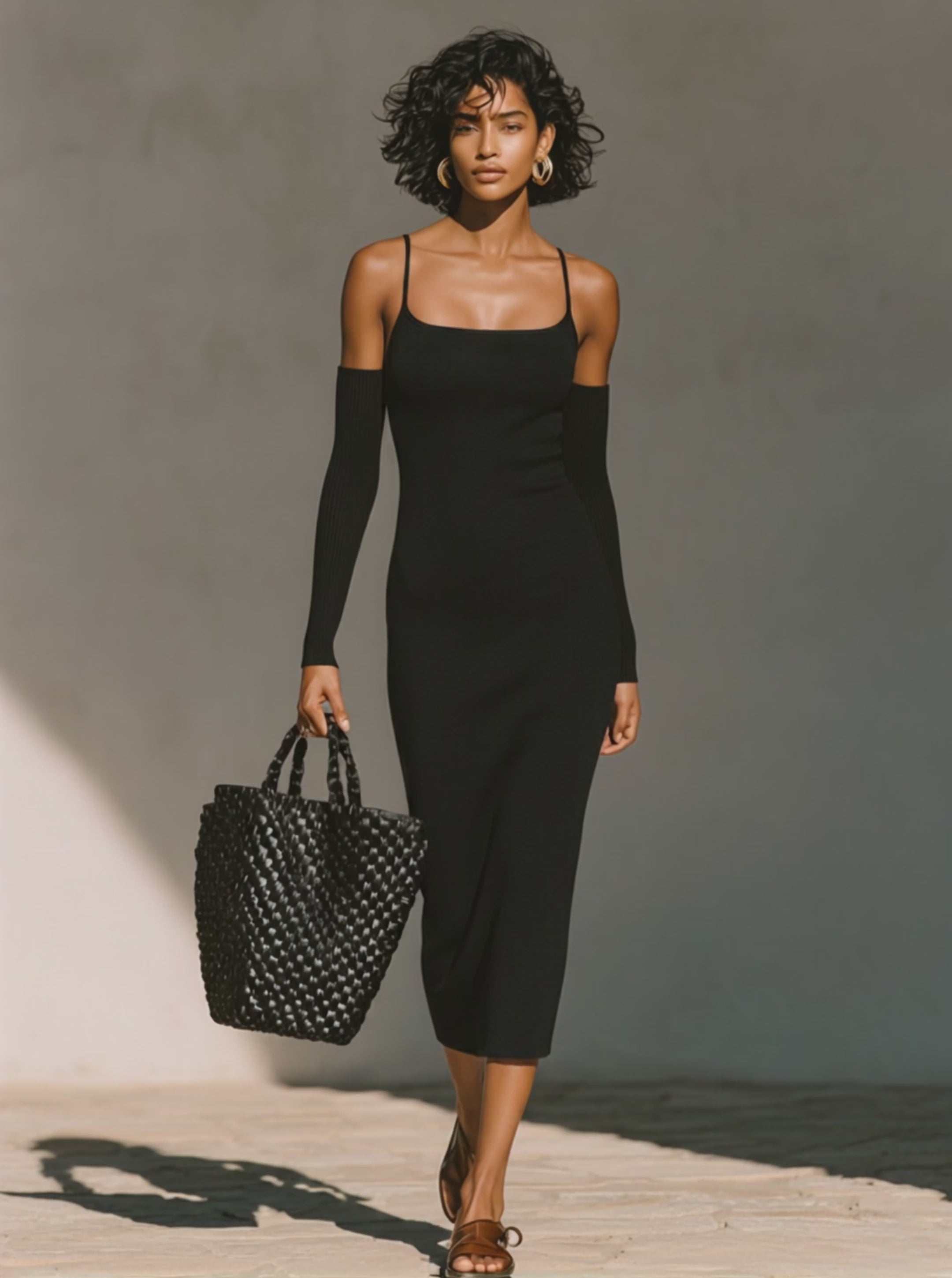 Women's Solid Black Jersey Slip Dress With Straight Square Neck & Bodycon Midi Hem, Modern Chic Daily Evening Dress (without Arm Cuffs) MDZ0437F1LYL