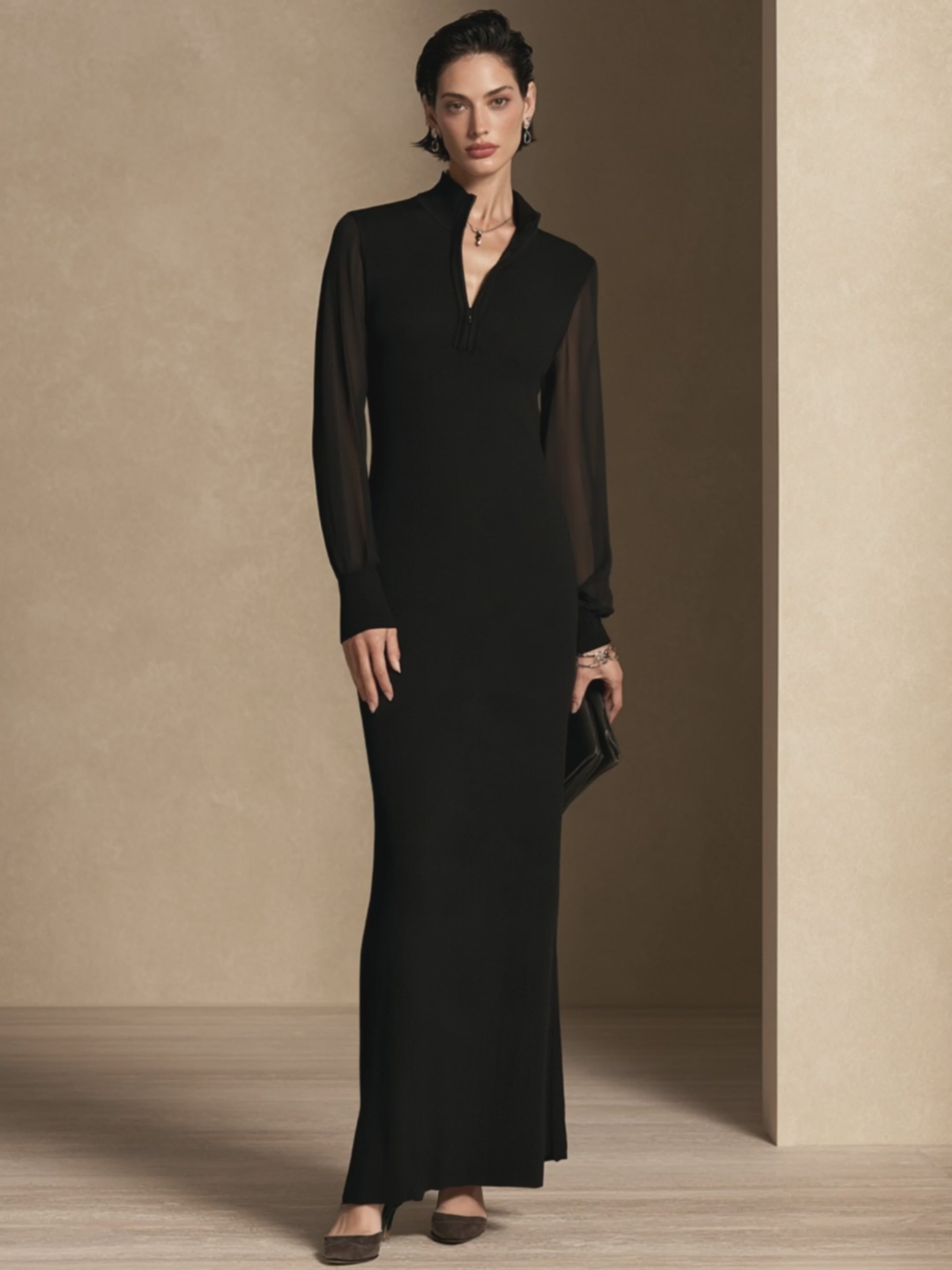 Women's Chiffon Panel Elegant Half-Zip Collar Maxi Dress