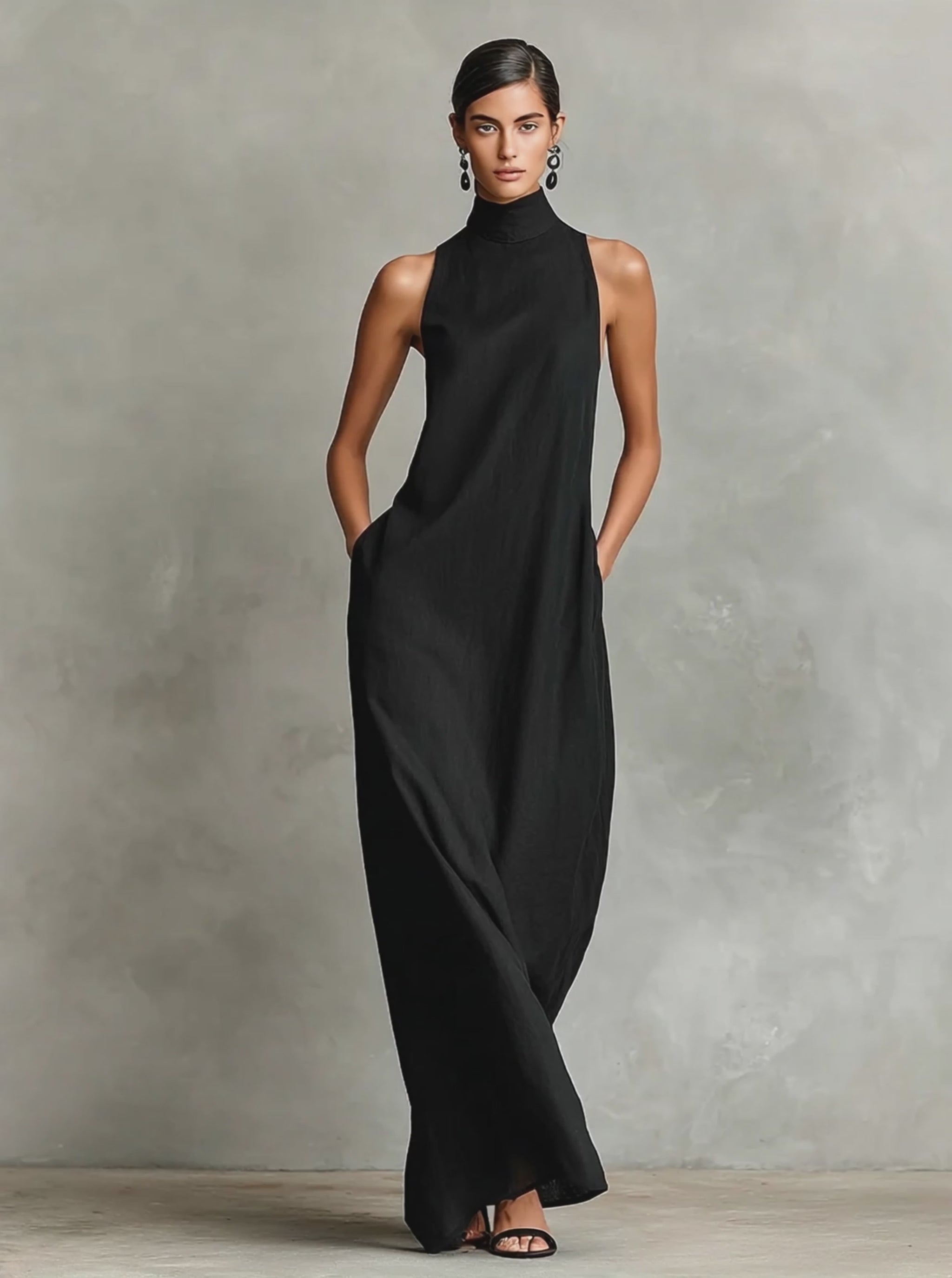 Women's Black Linen-Blend Maxi Dress With High Neck & Side Pockets, Ti –  Modesees