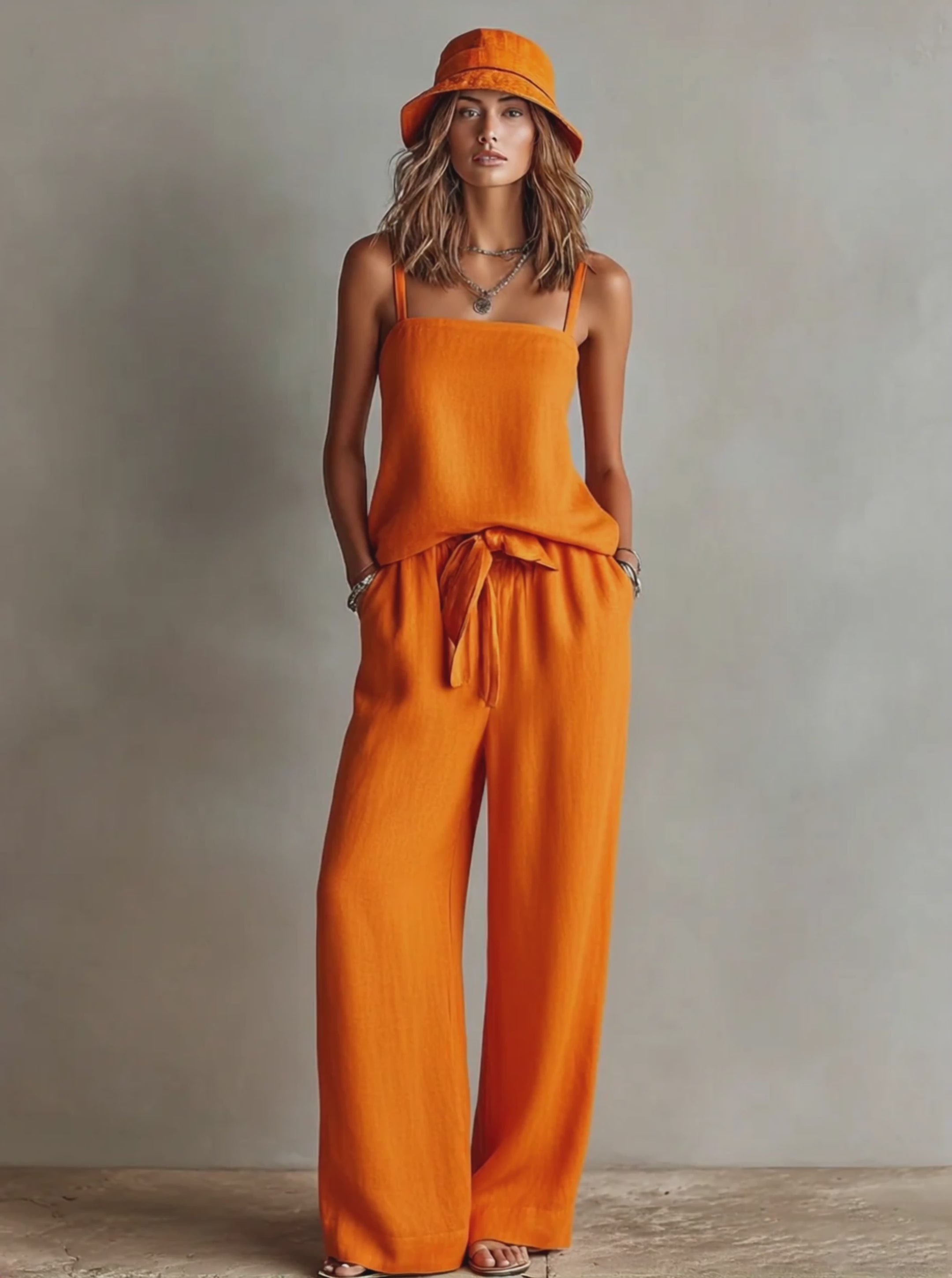 Women's Orange Linen Two-Piece Set With Square Neck Cami Top & Tie-Waist Wide-Leg Pants, Timeless Boho-Resort Style Set MDZ0825D5I