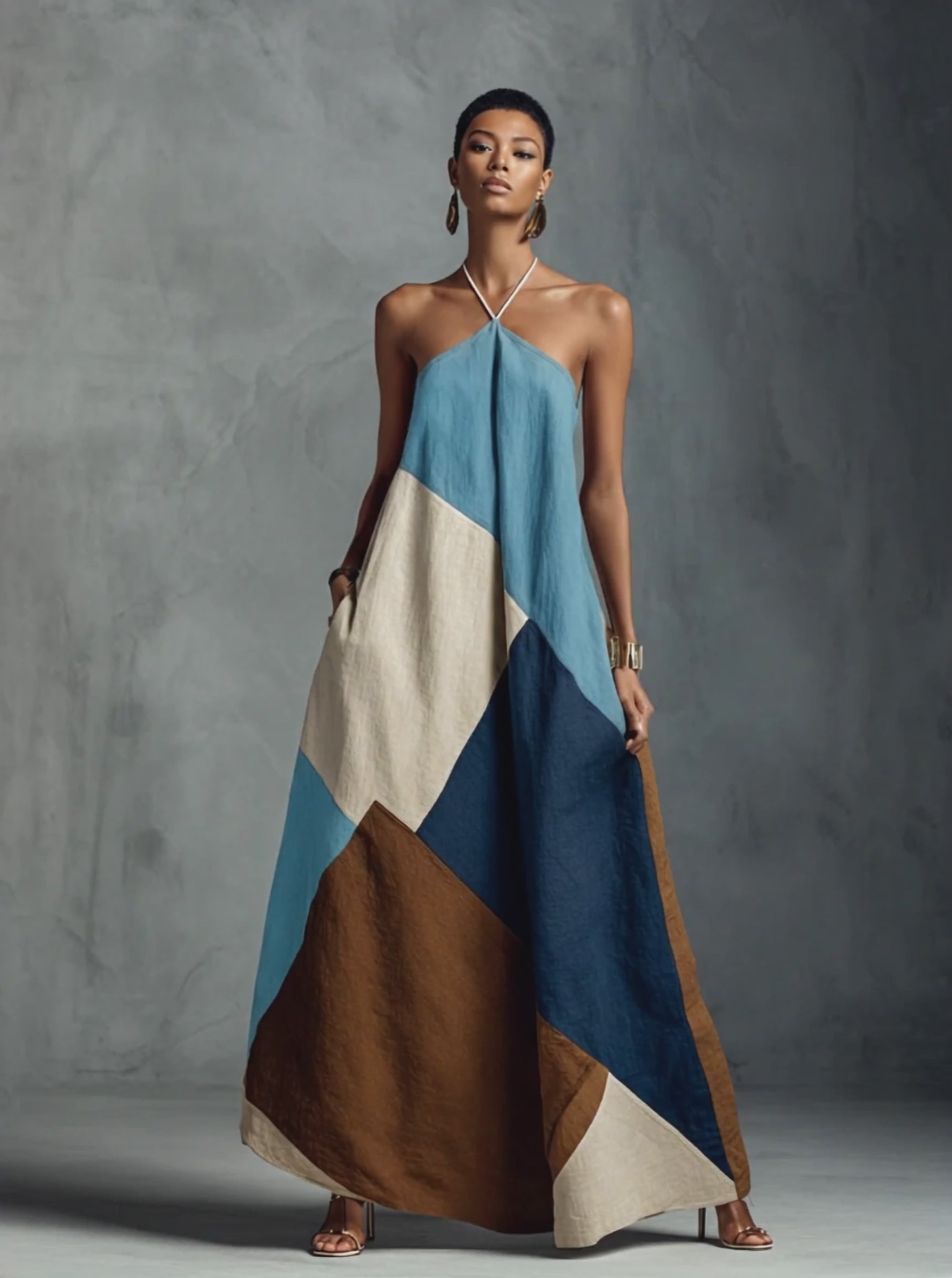 Women's Bohemian Multi-color Cotton Linen Blend Patchwork Halter Maxi Dress MDZ1956C4BA