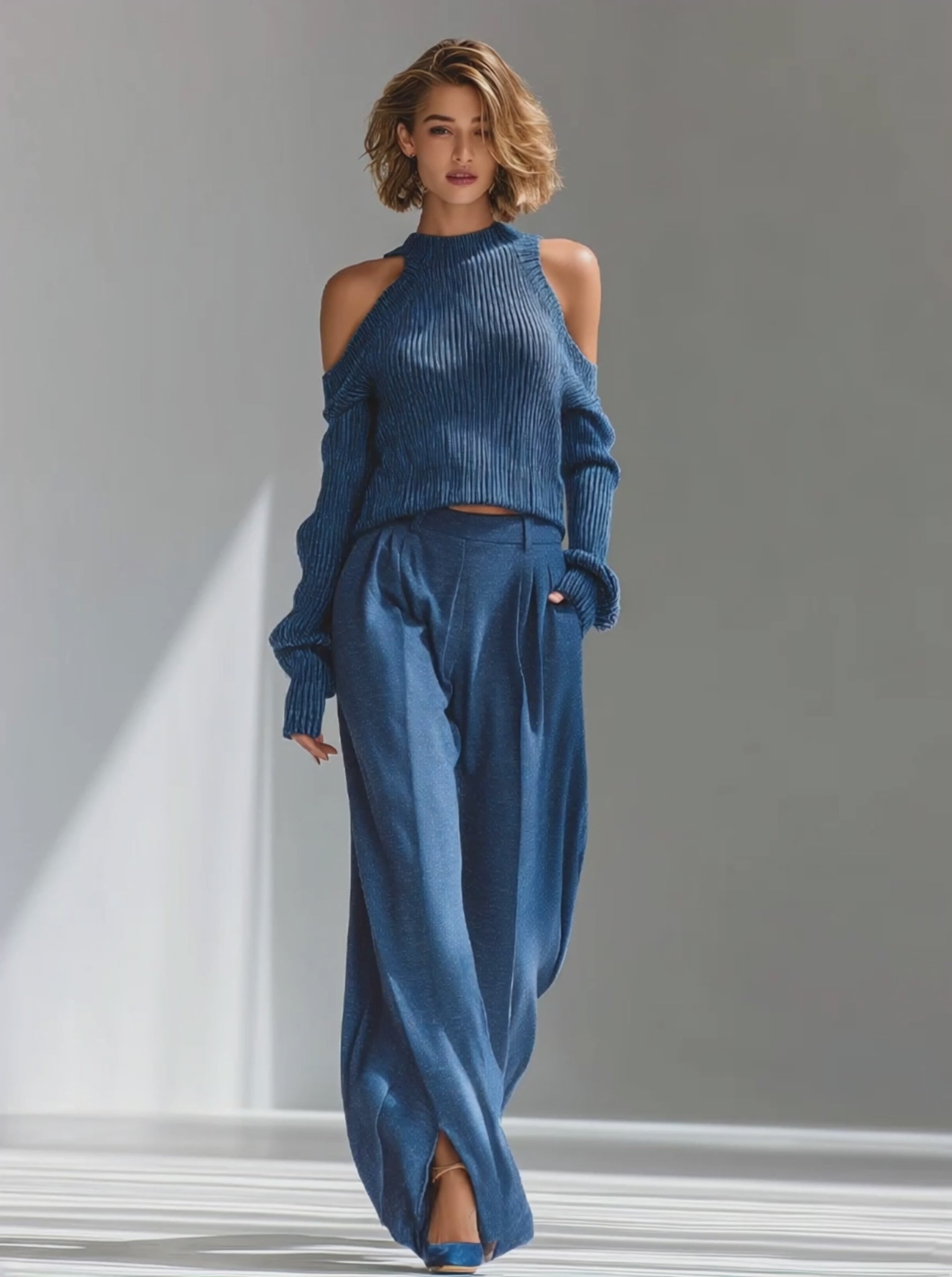 Women's Blue Elegant Ribbed Knit Cold - Shoulder Sweater And Wide - Leg Pants Set MDA1591I8I