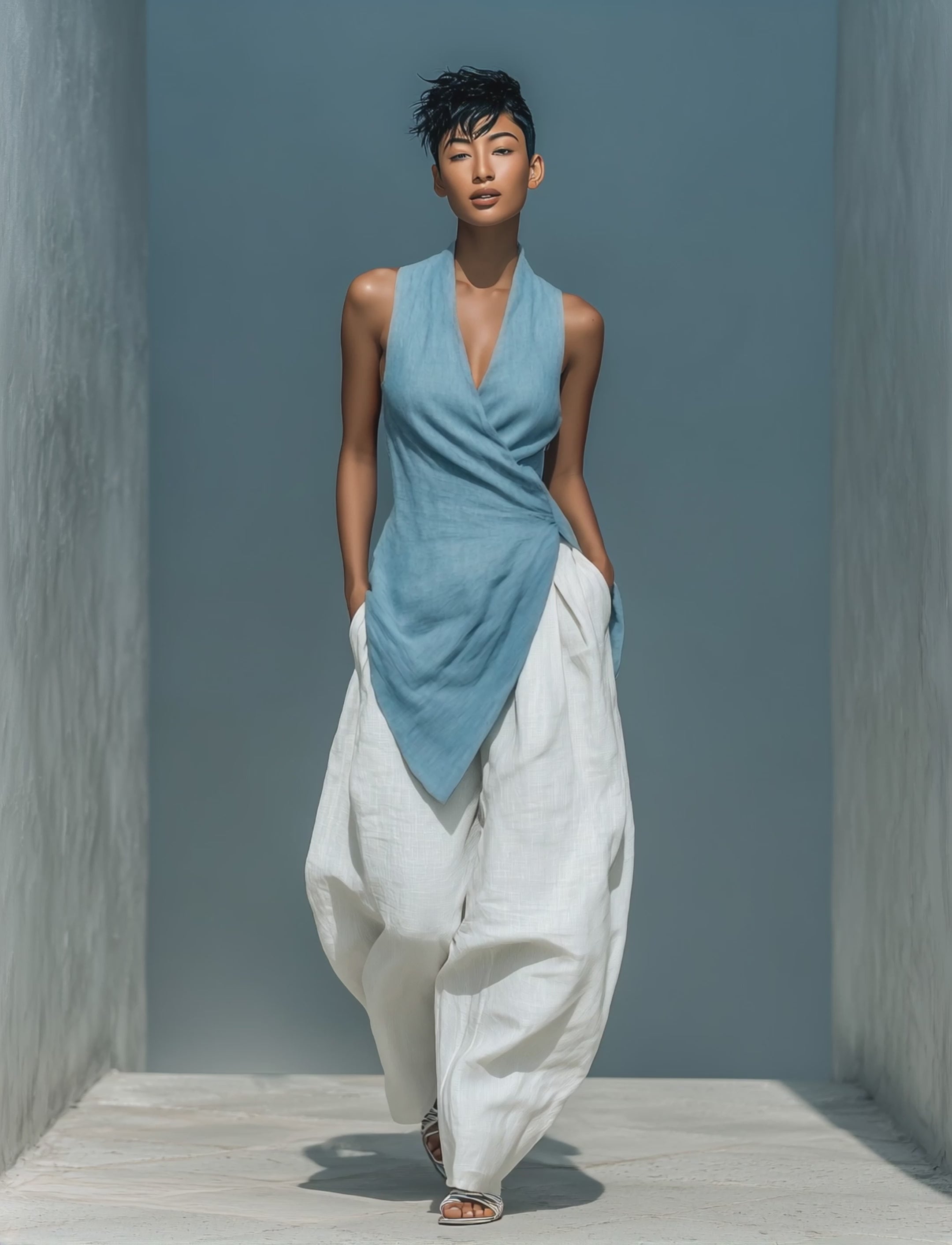 Women’s Blue Linen-Blend Halter Wrap-Front Asymmetrical Top MDZ0191F7T