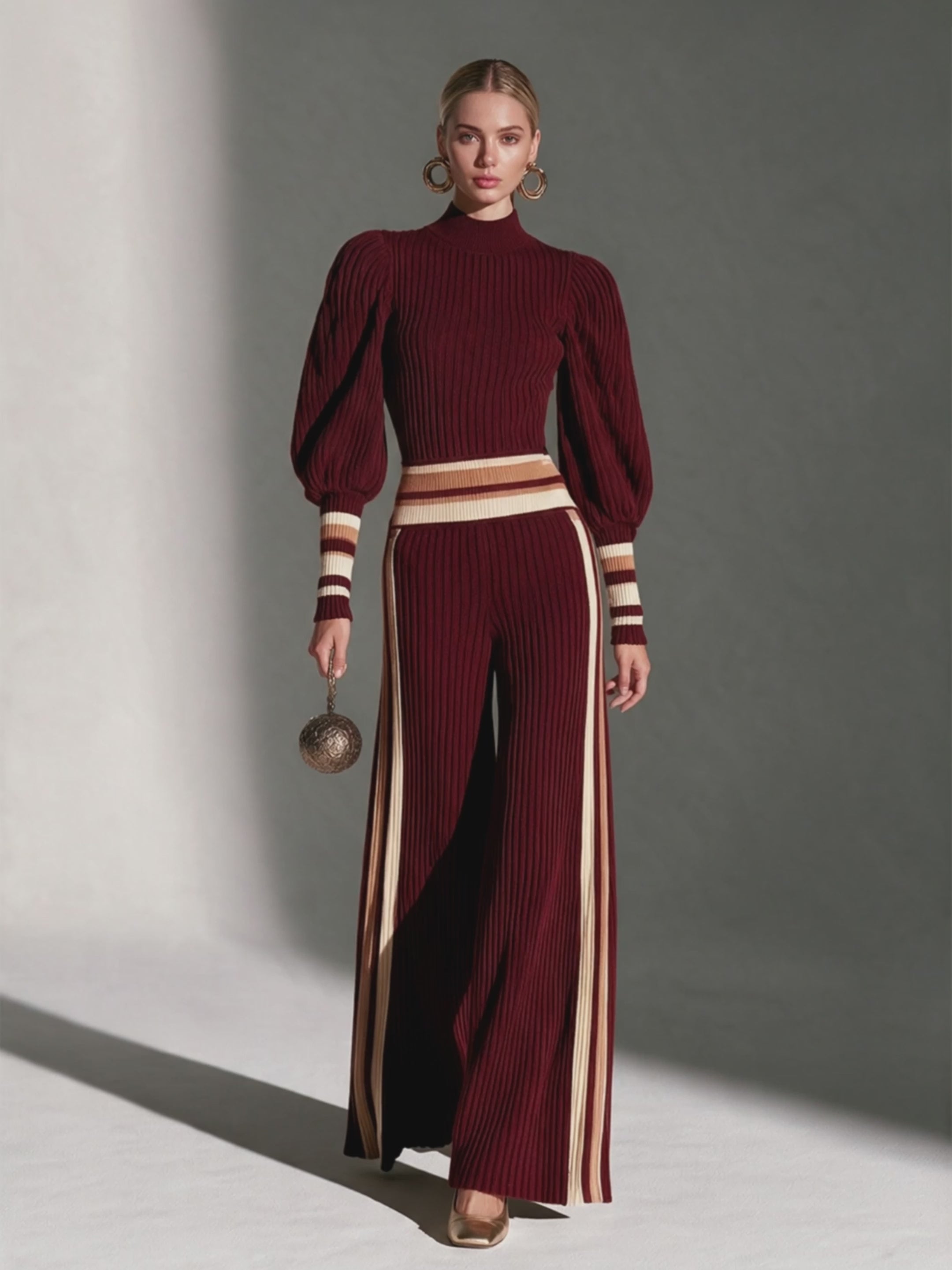 Women's Turtleneck Puff-Sleeve Contrast-Rib Top & Side-Stripe Wide-Leg Trouser Wool-Knit Set