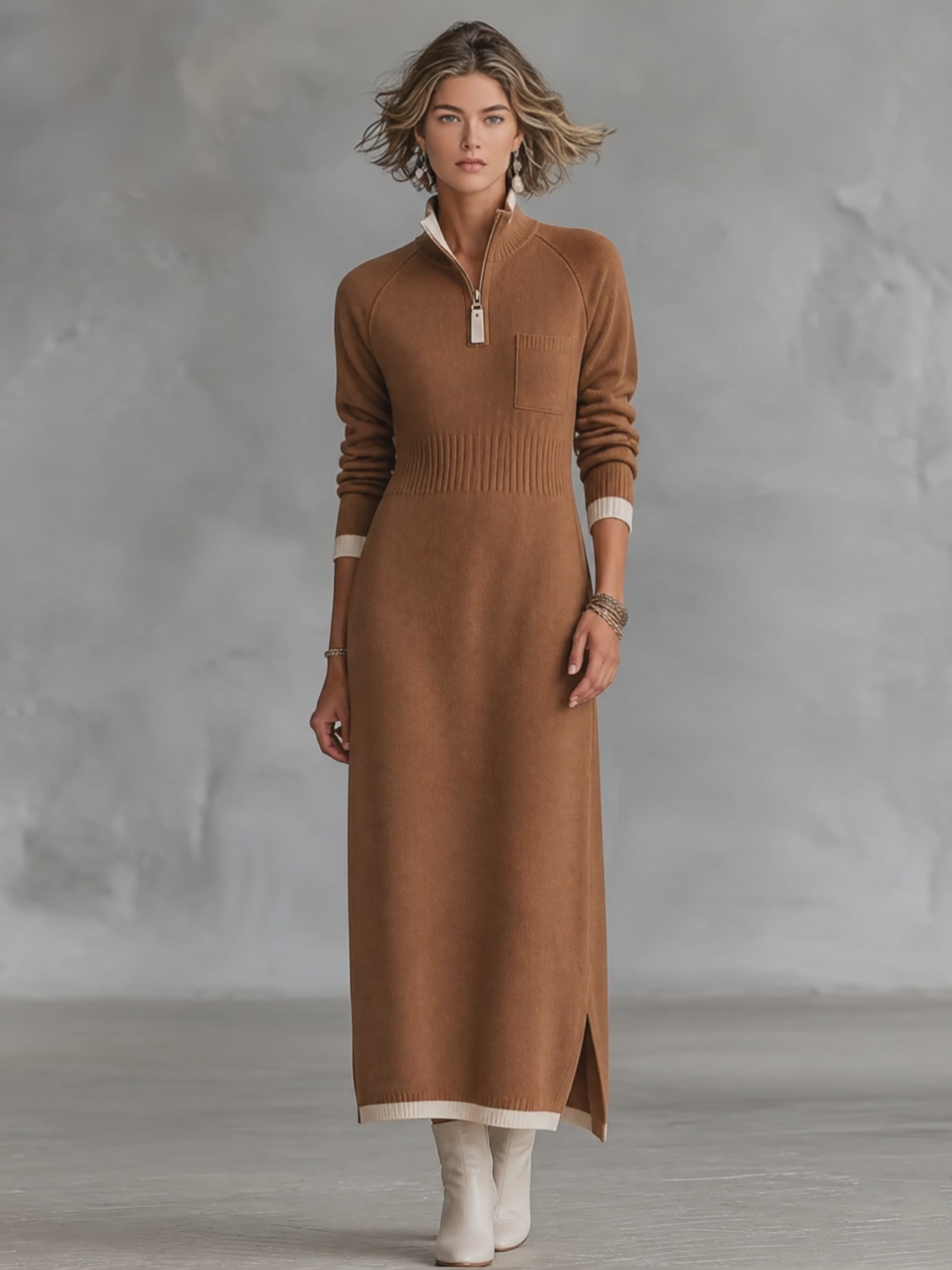 Women's Retro Color-Block Raglan-Sleeve Maxi Dress With Trim And Zip-Up Stand Collar MDZ2180H2WY