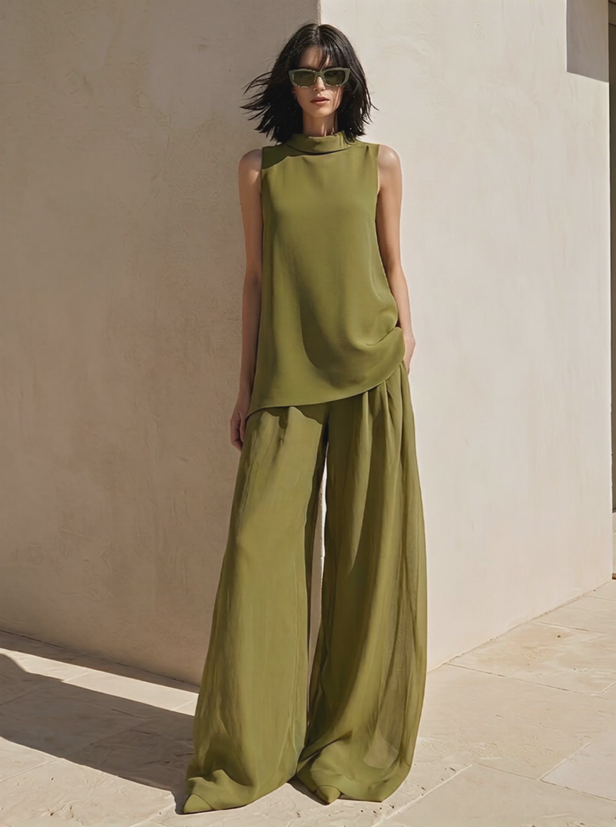 Women's Olive Green Chiffon Two-Piece Set With High-Neck Sleeveless Top & Sheer Wide Leg Pants, Timeless Minimalist Casual Outfit MDZ0143F3LYL
