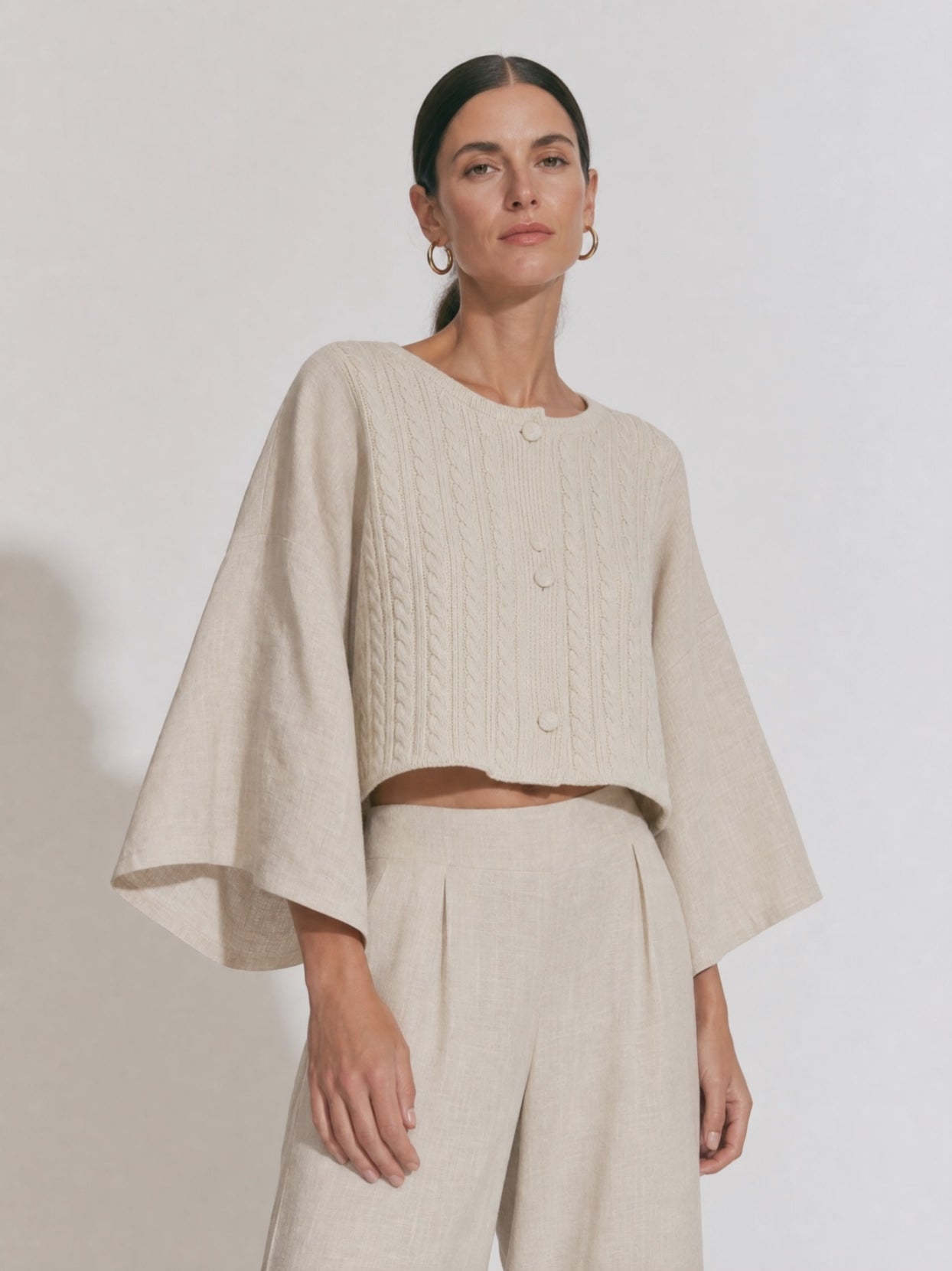 Women's Bell Sleeve Cable Knit Cropped Beige Cardigan MDZ1820H5YZJ