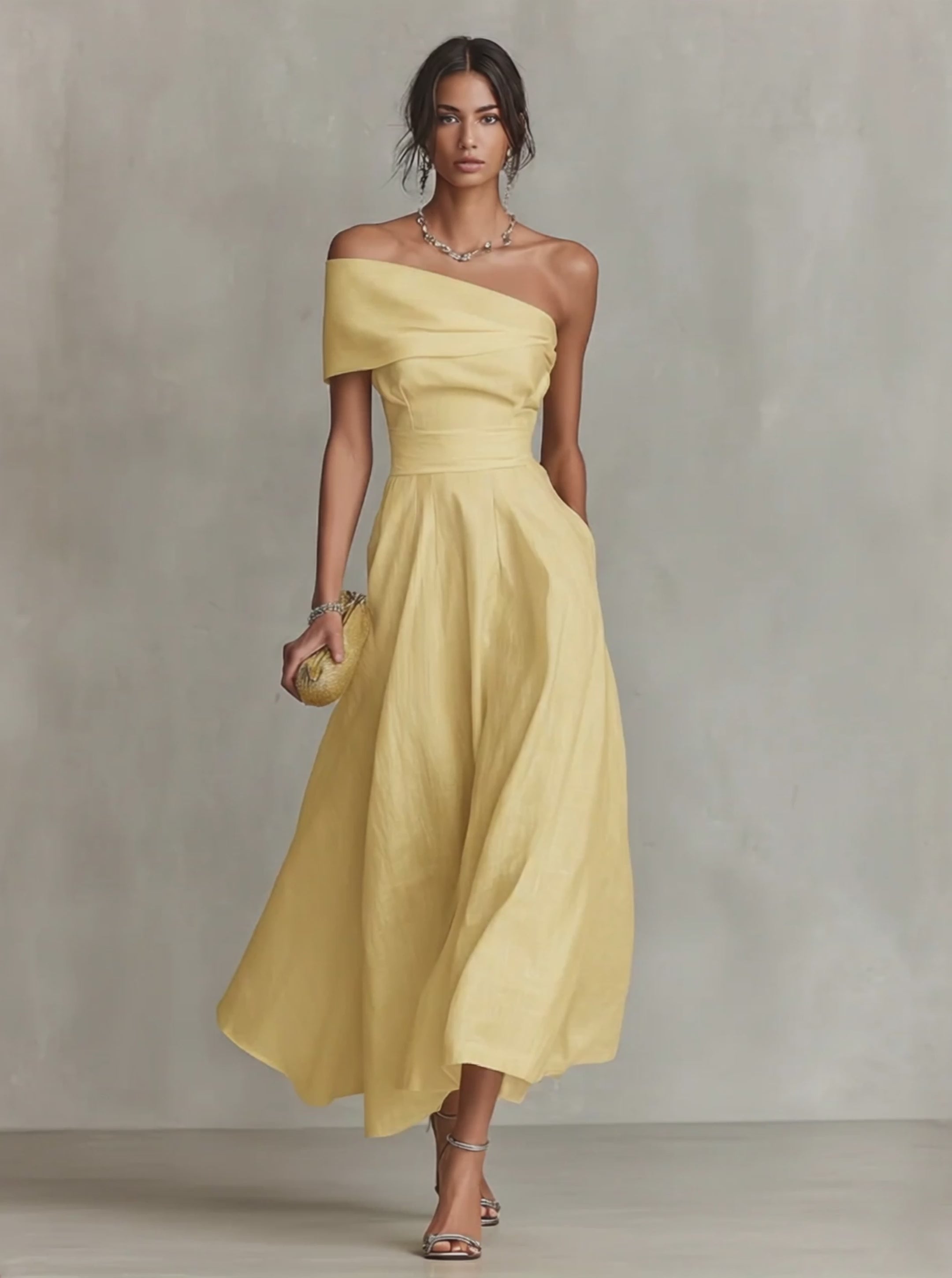 Women's Yellow Linen Dress With One-Shoulder Neckline & Fitted Waist, –  Modesees