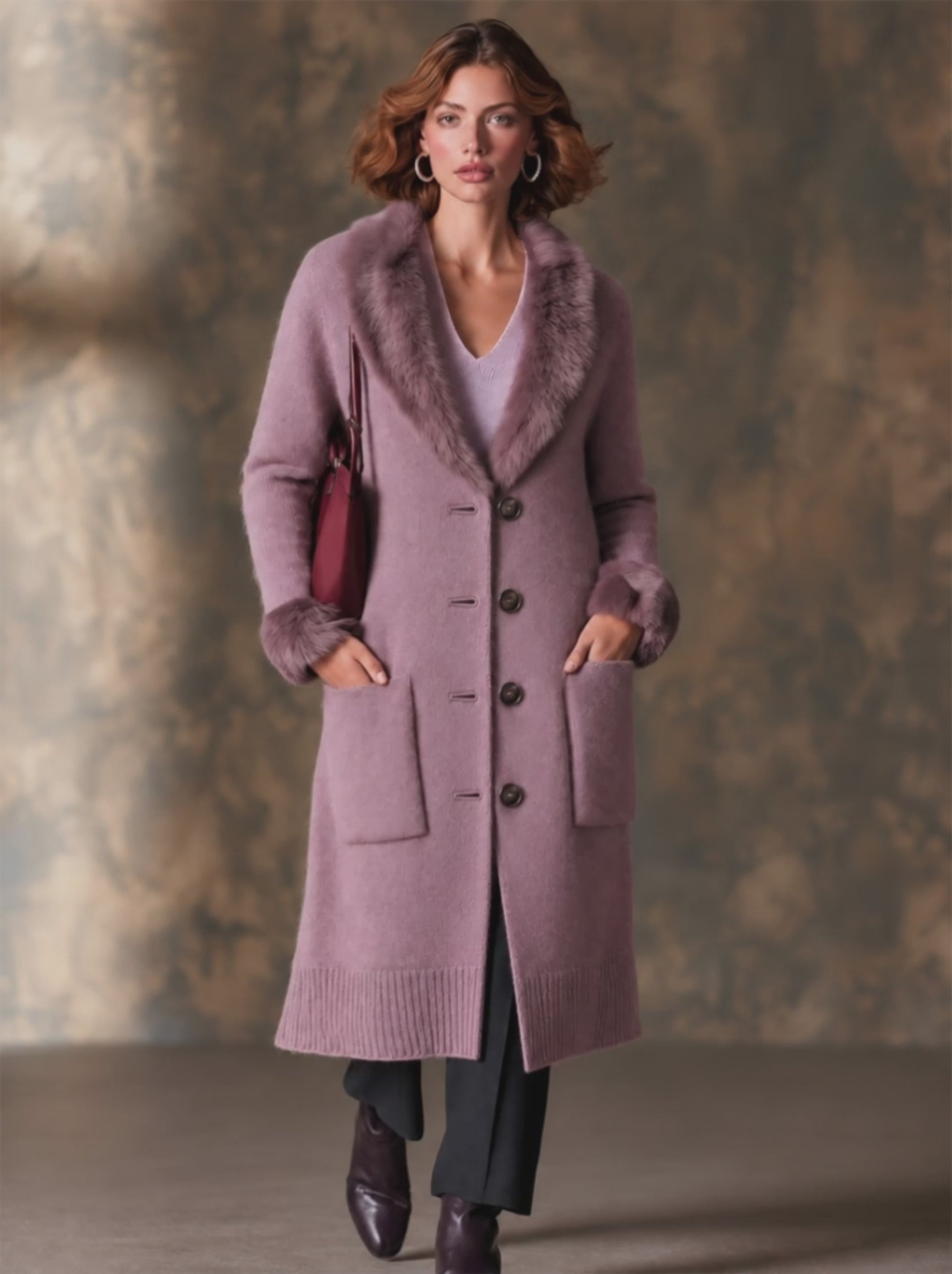 Mauve Longline Knit Cardigan Coat with Faux Fur Trim