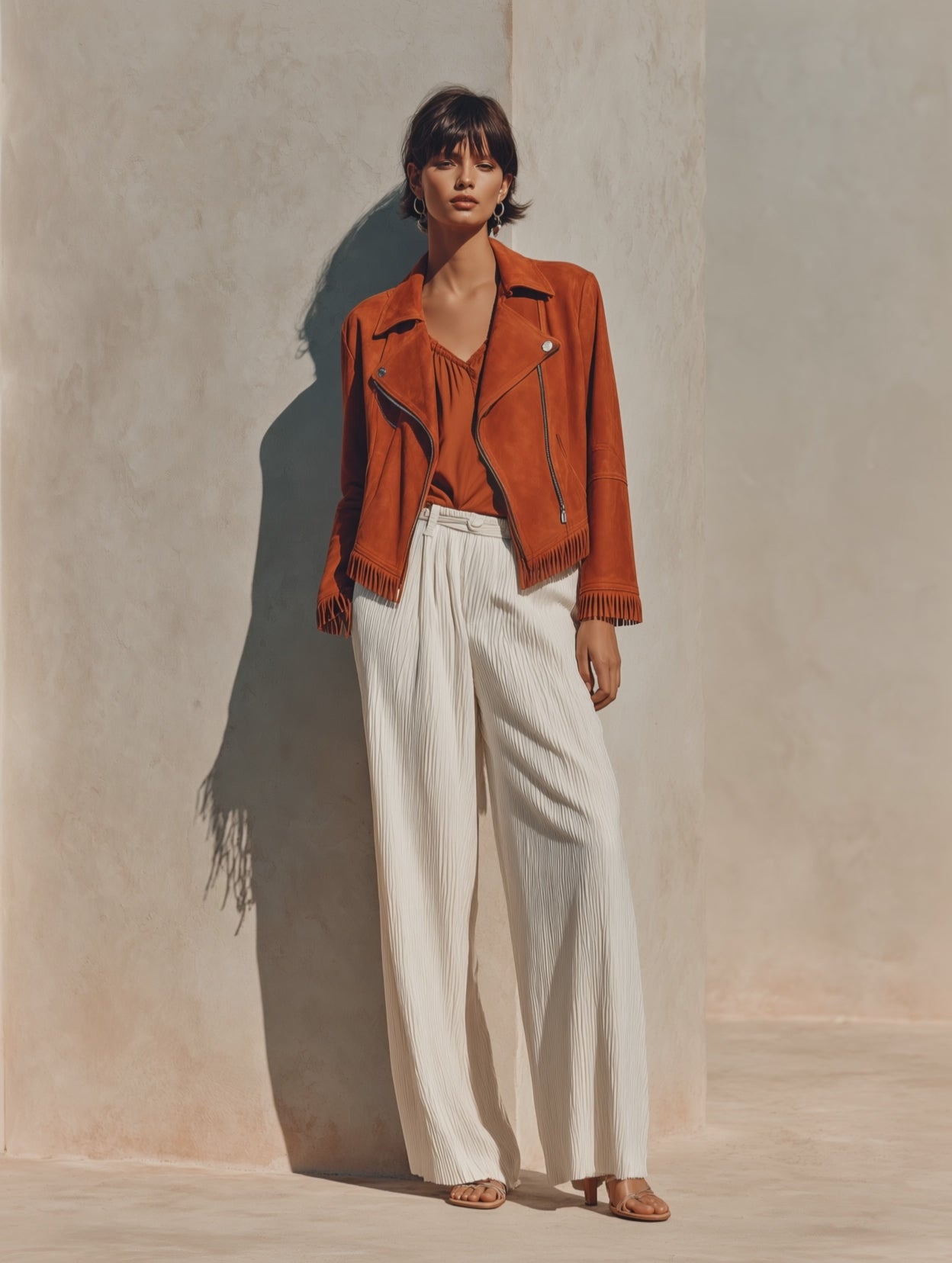 Women's Notched Lapel Fringe Rust Suede Jacket MDZ2411H8YZJ