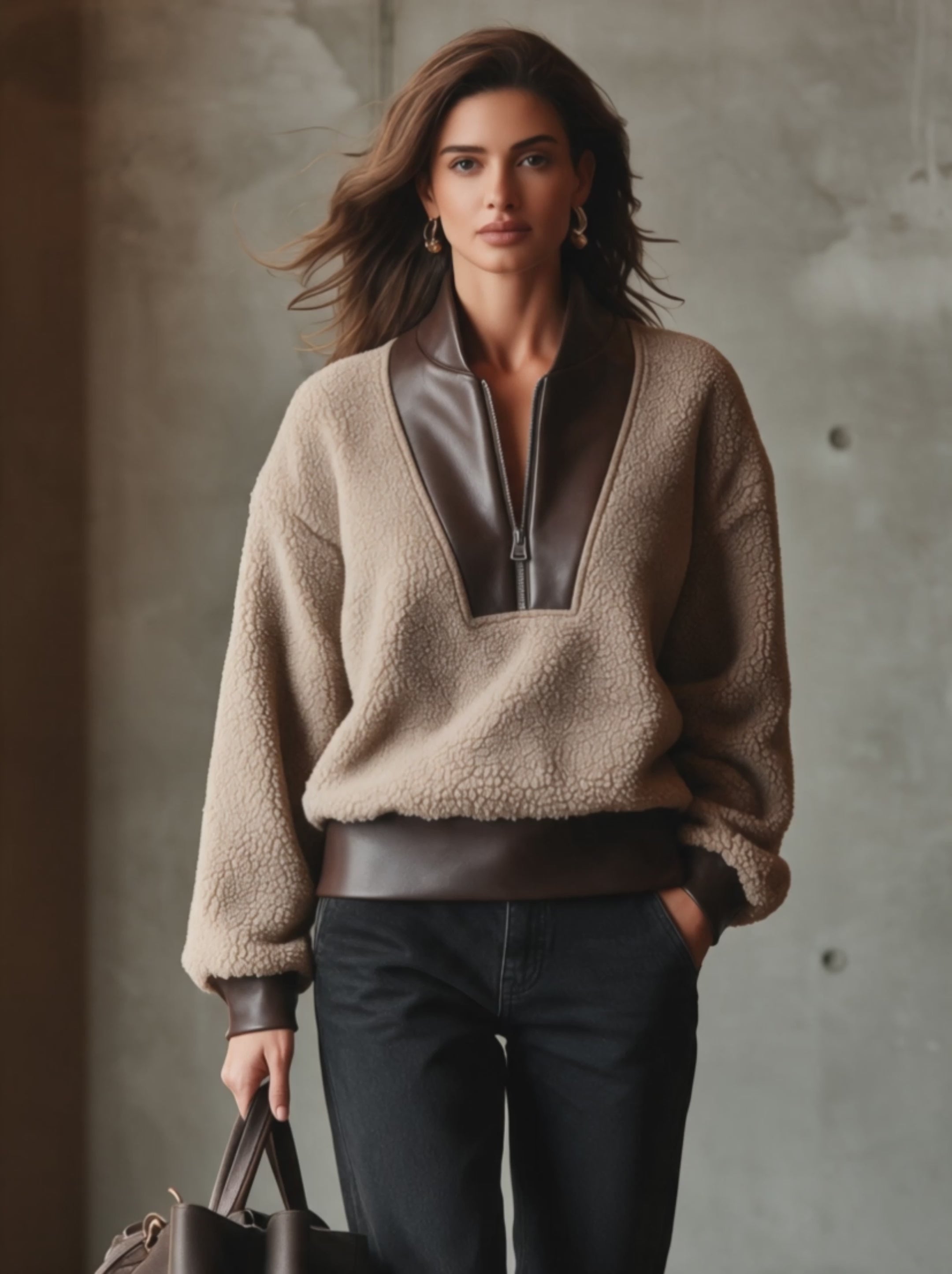 Women’s Casual Half-Zip Faux-Leather & Faux-Shearling Sweatshirt