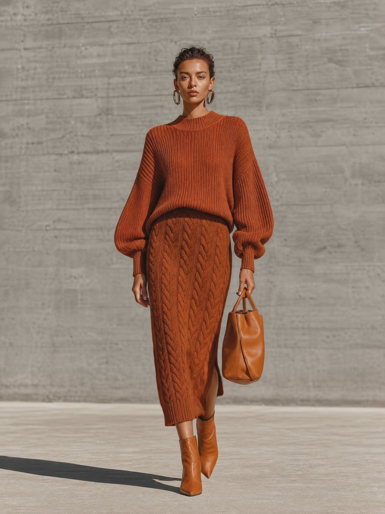 Women's Ribbed Balloon Sleeve Rust Sweater Skirt Set MDZ0823I7YZJ