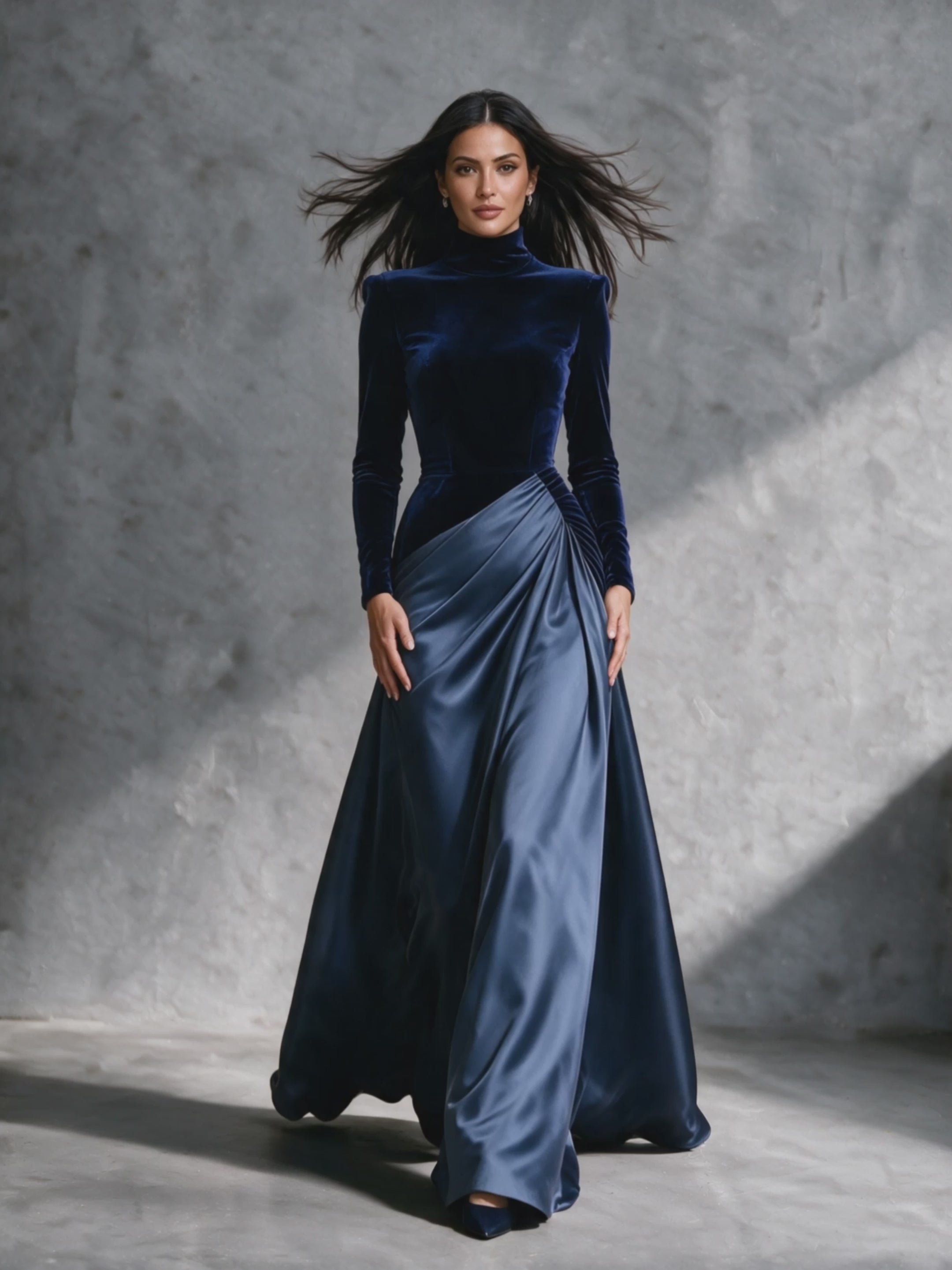 Women's Velvet & Satin Panel High Neck Evening Maxi Dress