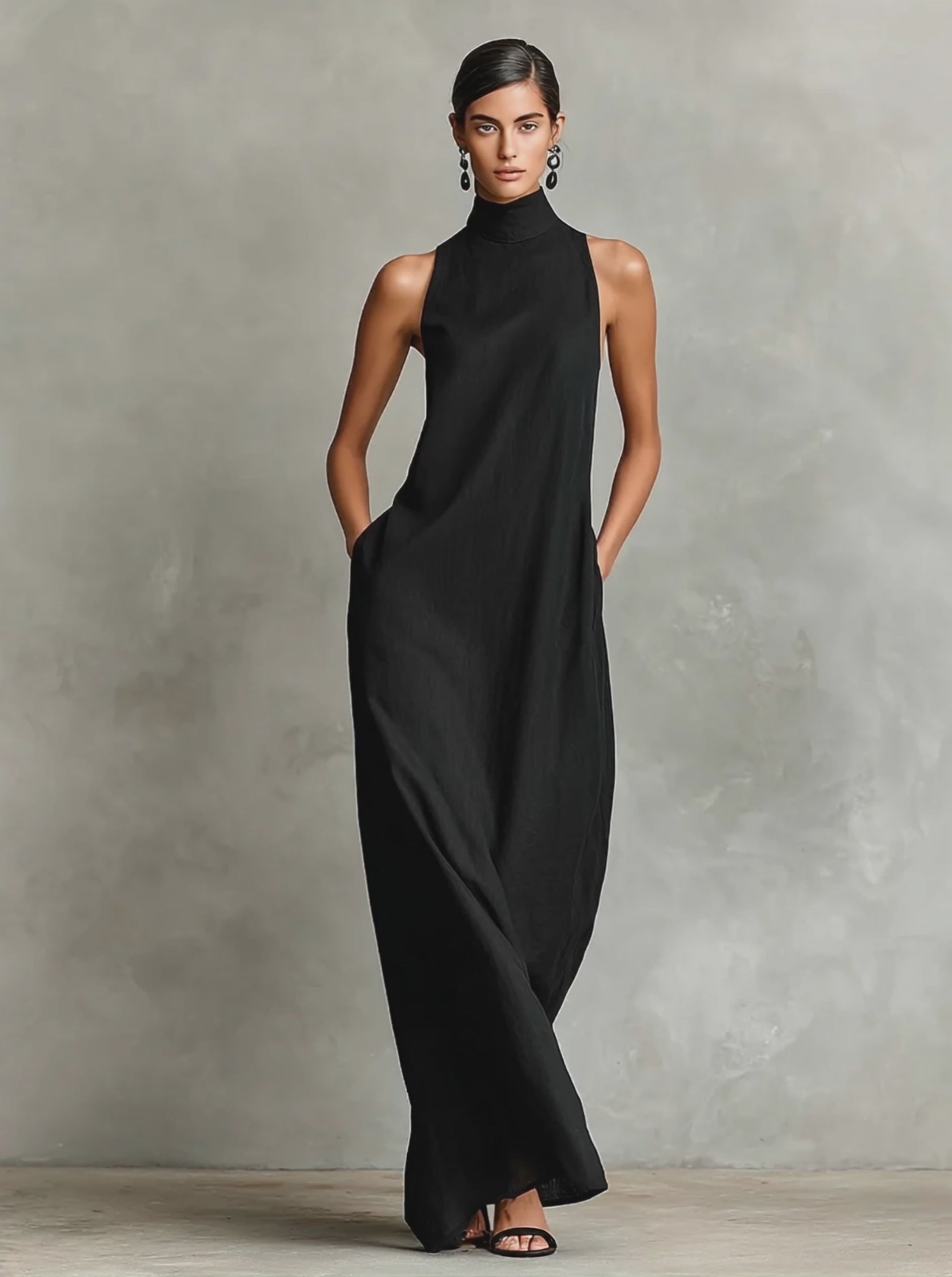 Women's Black Linen-Blend Maxi Dress With High Neck & Side Pockets, Ti –  Modesees