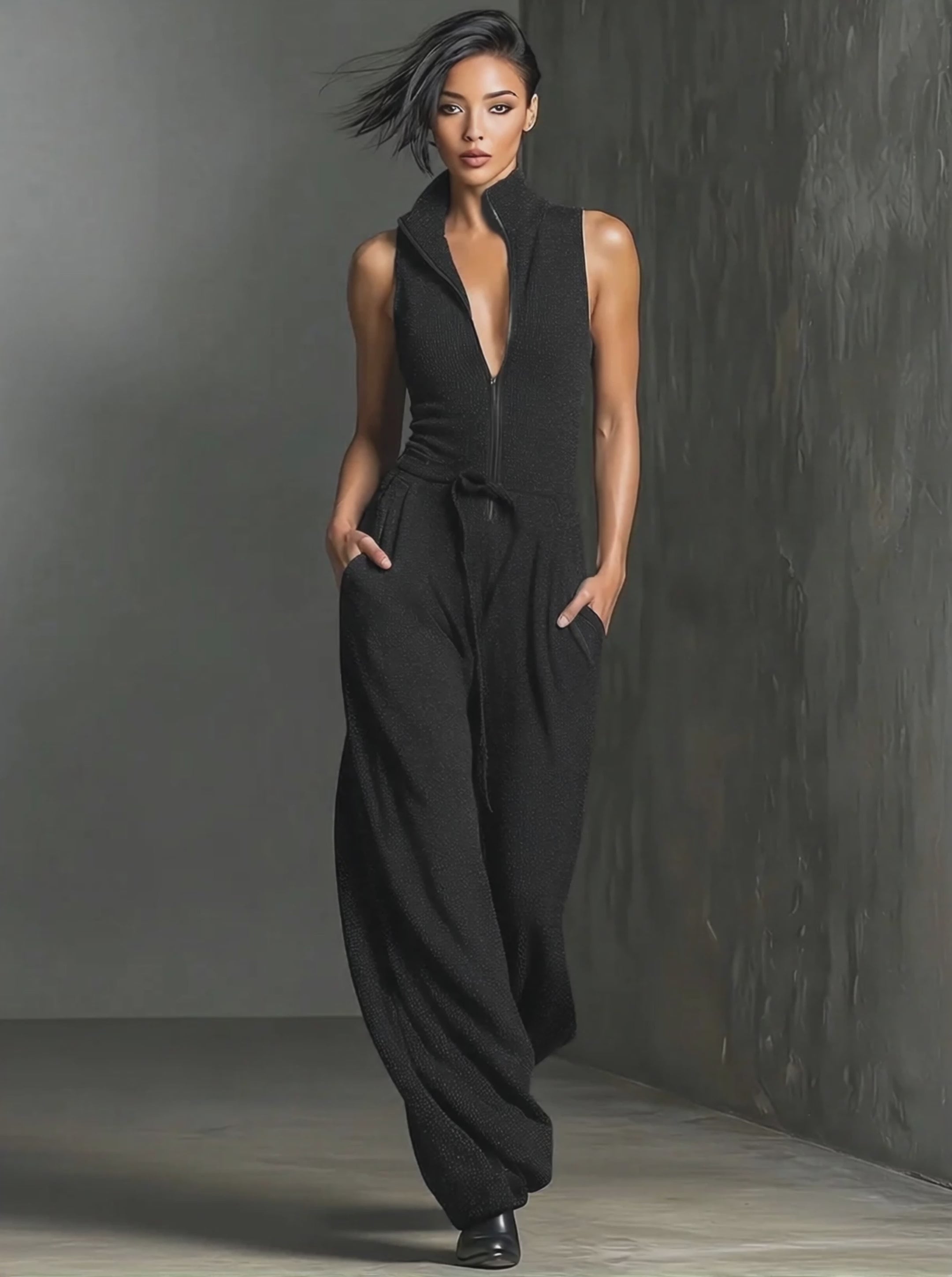 Women's Black Knit Jumpsuit With Sleeveless Half-Zip Top & Wide Leg Pants, Timeless Minimalist Casual Jumpsuit MDZ1562E2LYL
