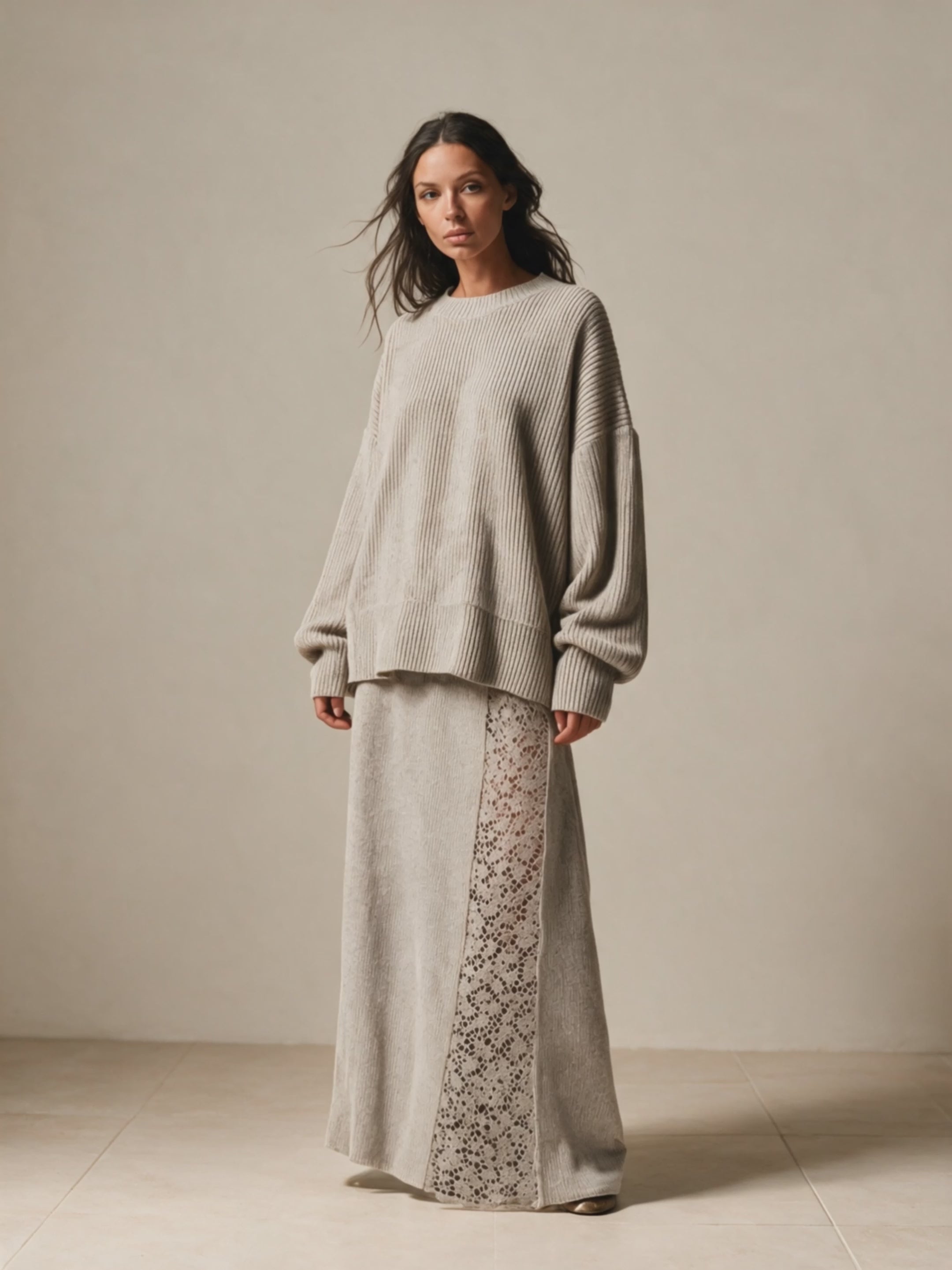 Women's Oversized Rib Knit Sweater & Lace Panel Maxi Skirt Set