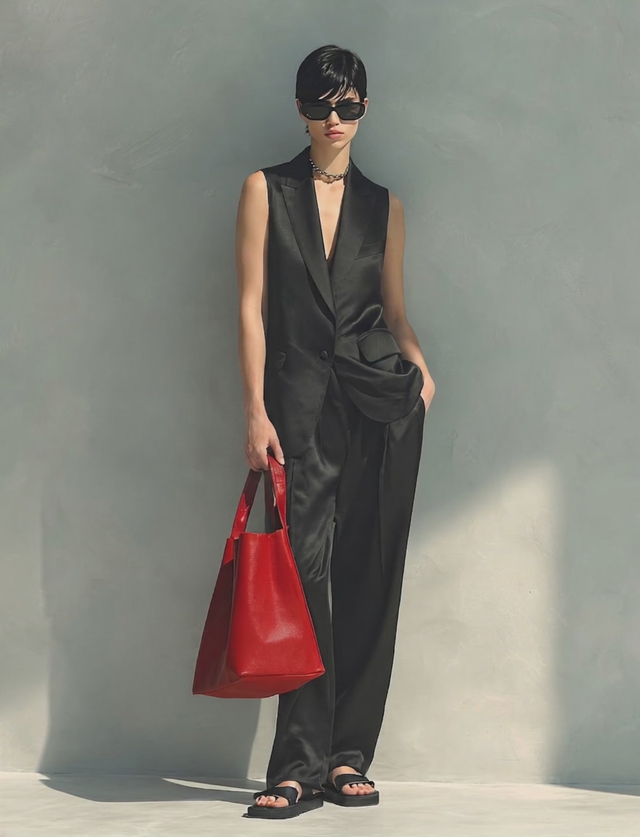 Women's Elegant Black Satin Two-Piece Set — Sleeveless Deep V Tuxedo Vest & High-Waisted Wide-Leg Trousers MDZ0678G9O