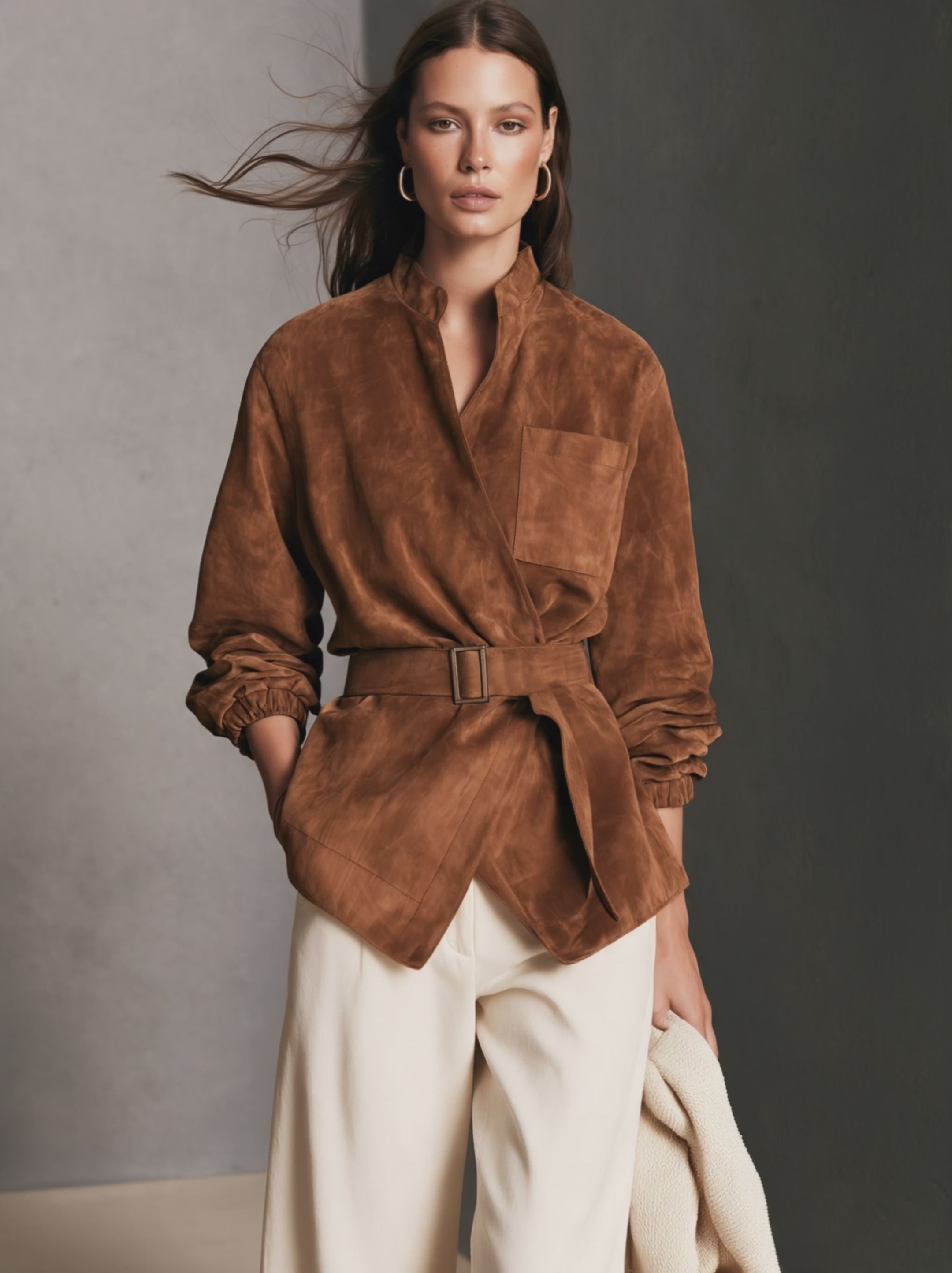 Women's Casual Brown Suede Long-sleeve Jacket