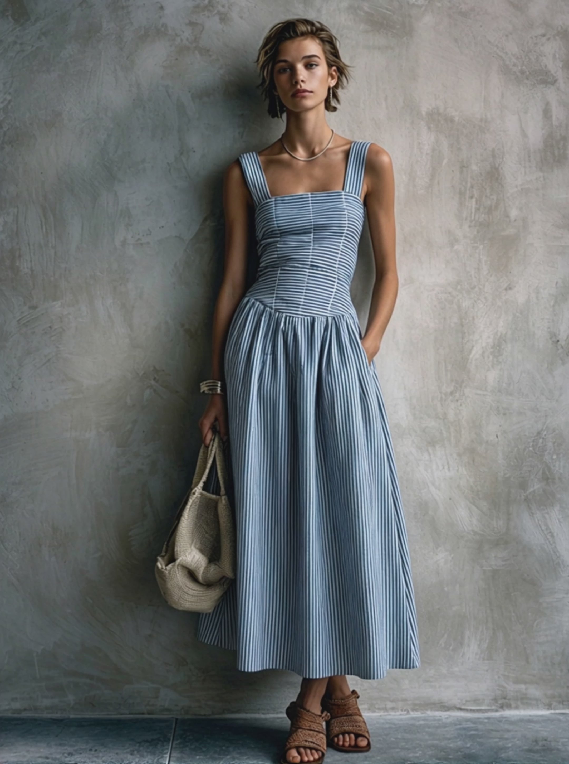 Women's Vacation Blue And White Striped Cotton Blend Square Neck Smocked Waist-Tailored Cami Maxi Dress MDZ2952E2GMJ