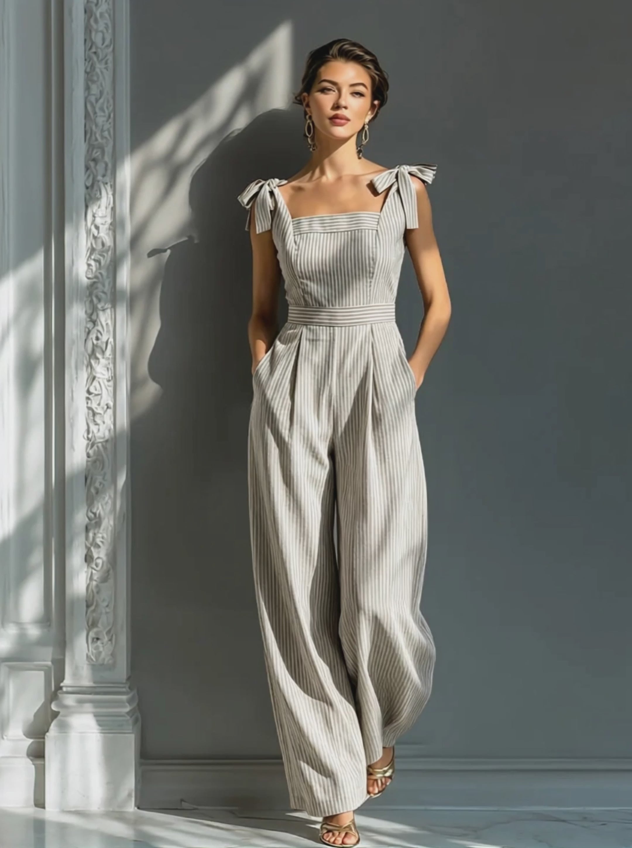 Women's Beige & White Striped Linen-Blend Jumpsuit With Square Neck & Tie Straps MDZ2733B8T