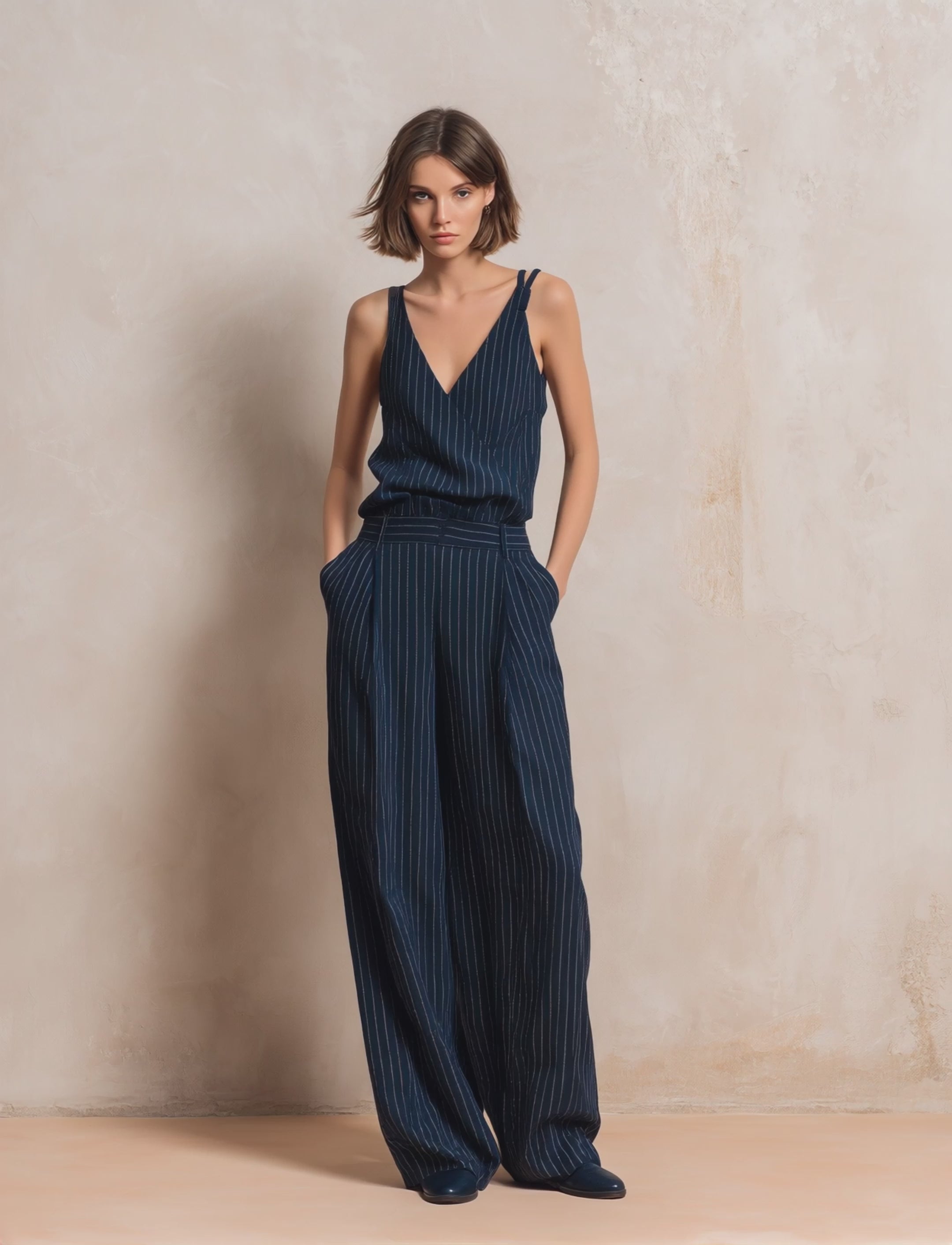 Women’s Navy Cotton Blend Pinstripe Wrap Cami Top & High-Waisted Wide-Leg Pants Two-Piece Set MDZ0111F2T
