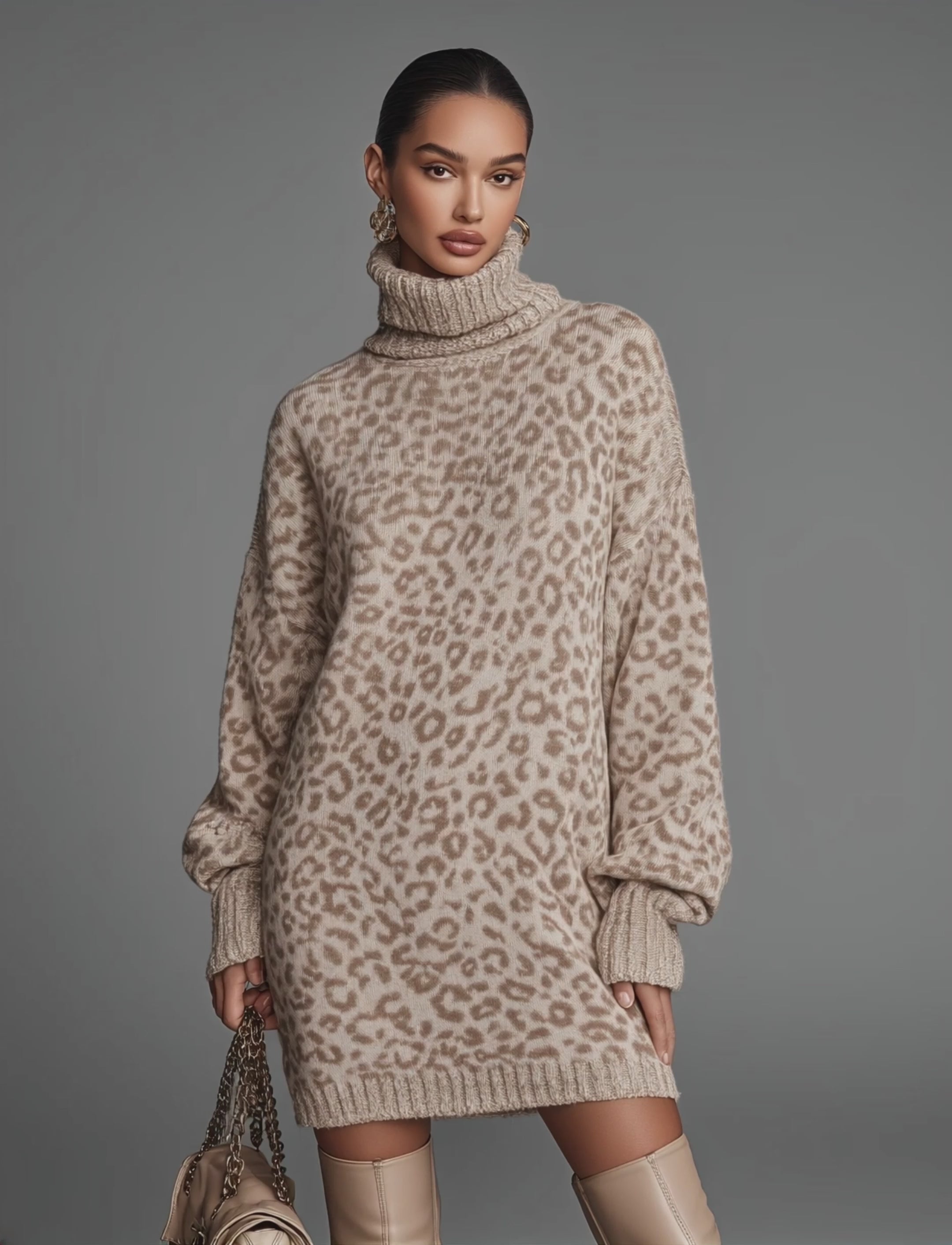 Women's Beige Leopard Print Knit Turtleneck Loose Sweater Mini Dress MDA0122K3T