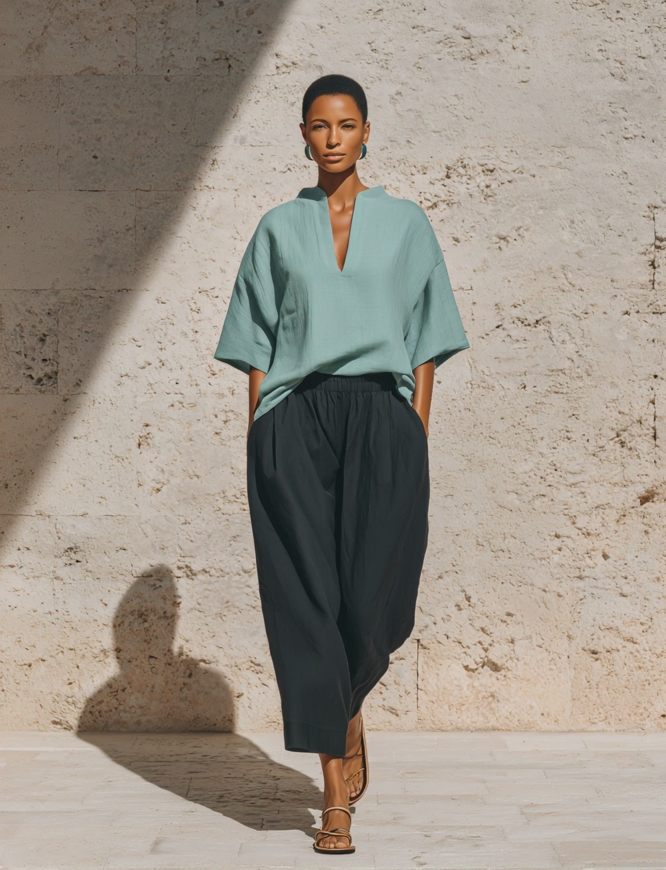 Women’s Teal Linen-Blend V-Neck Tunic Top & Black Elastic-Waist Cropped Pants Two-Piece Set MDZ0126F1T