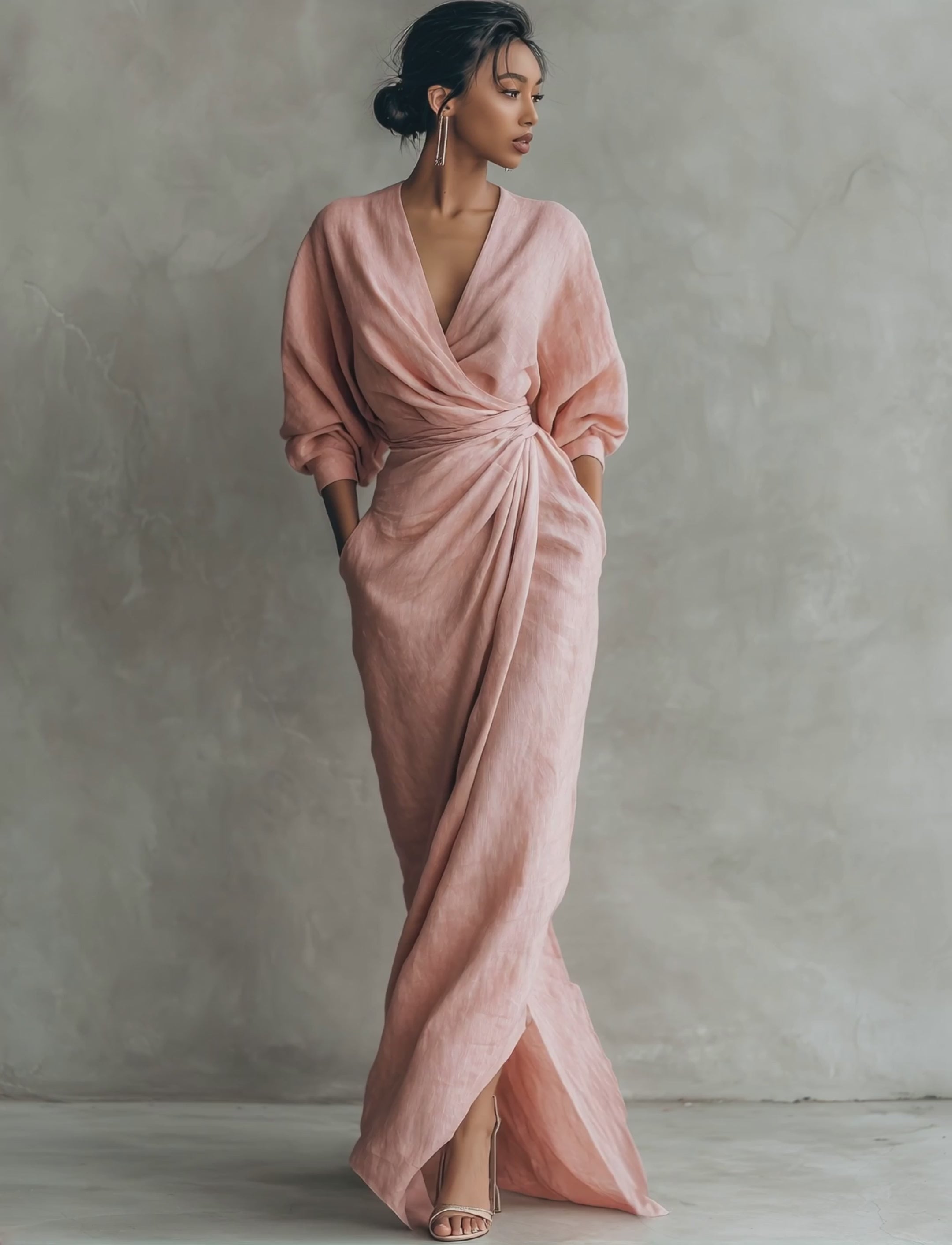 v neck linen maxi dress Women's Pink Minimalist V-neck Linen Blend Maxi Dress MDA1655L0Y – Modesees