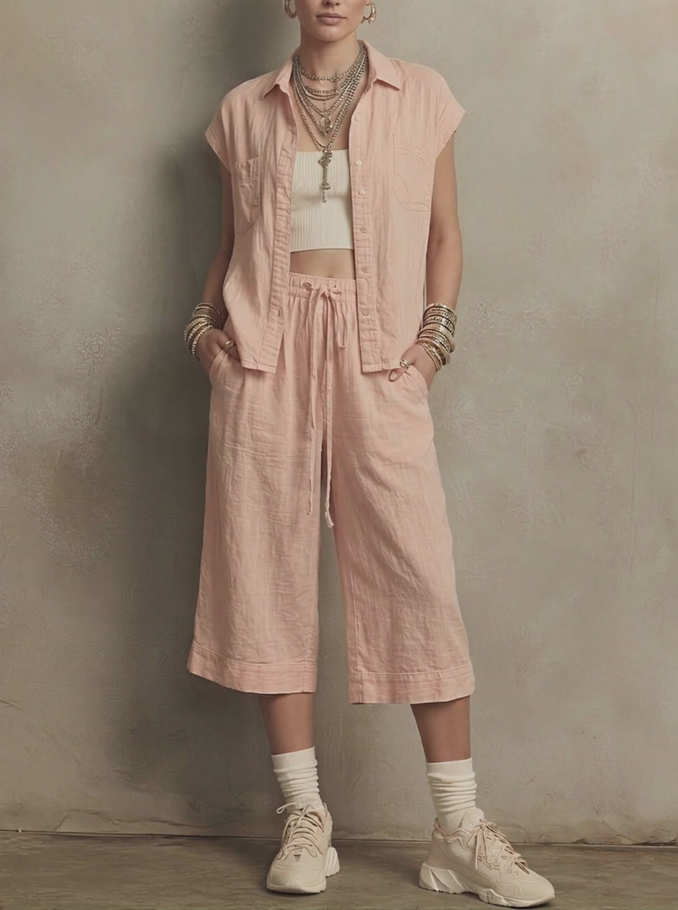 Women's Casual Style Light Pink Linen Blend Sleeveless Shirt & Wide-Leg Cropped Pants Set MDZ0110F1GMJ